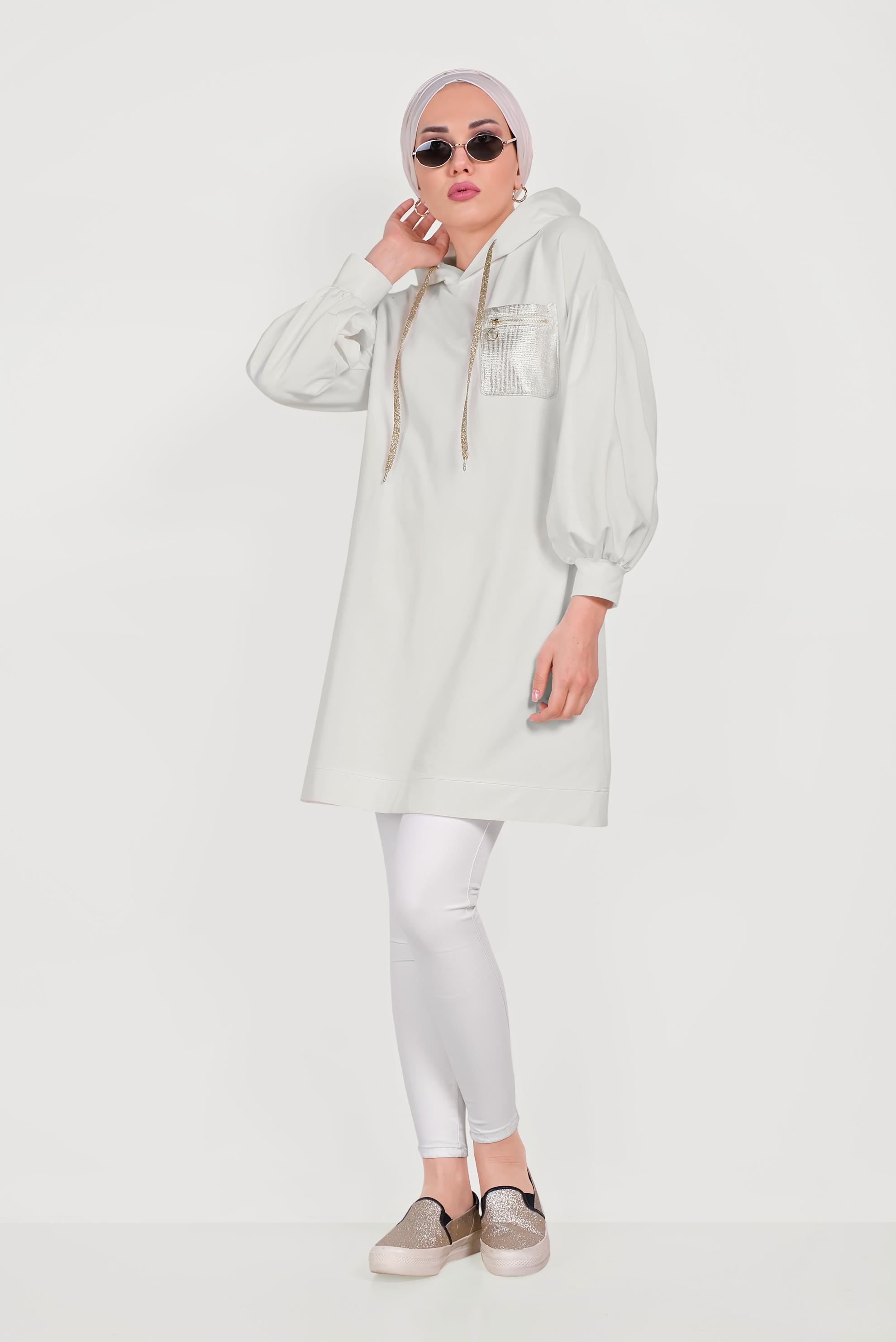 Tesettür giyim BEYAZ PAMUKLU CEPLİ KAPÜŞONLU EŞOFMAN TUNİK 40529
