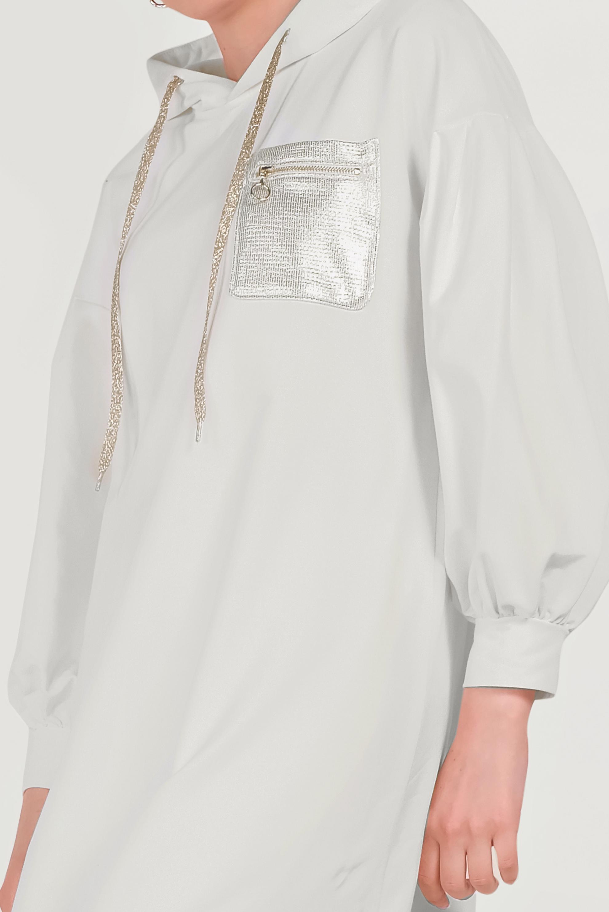 Tesettür giyim BEYAZ PAMUKLU CEPLİ KAPÜŞONLU EŞOFMAN TUNİK 40529