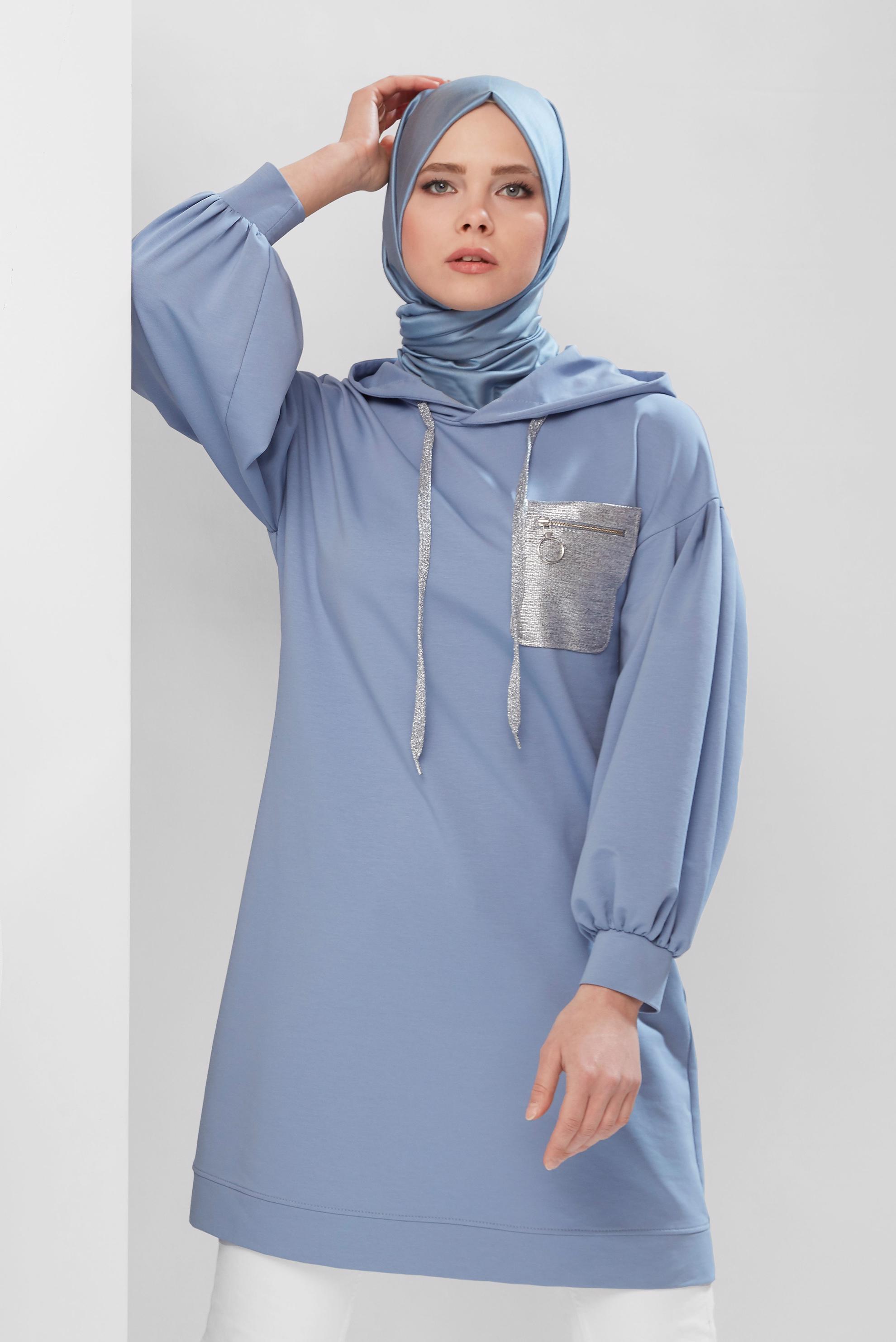 Tesettür giyim MAVİ PAMUKLU CEPLİ KAPÜŞONLU EŞOFMAN TUNİK 40529