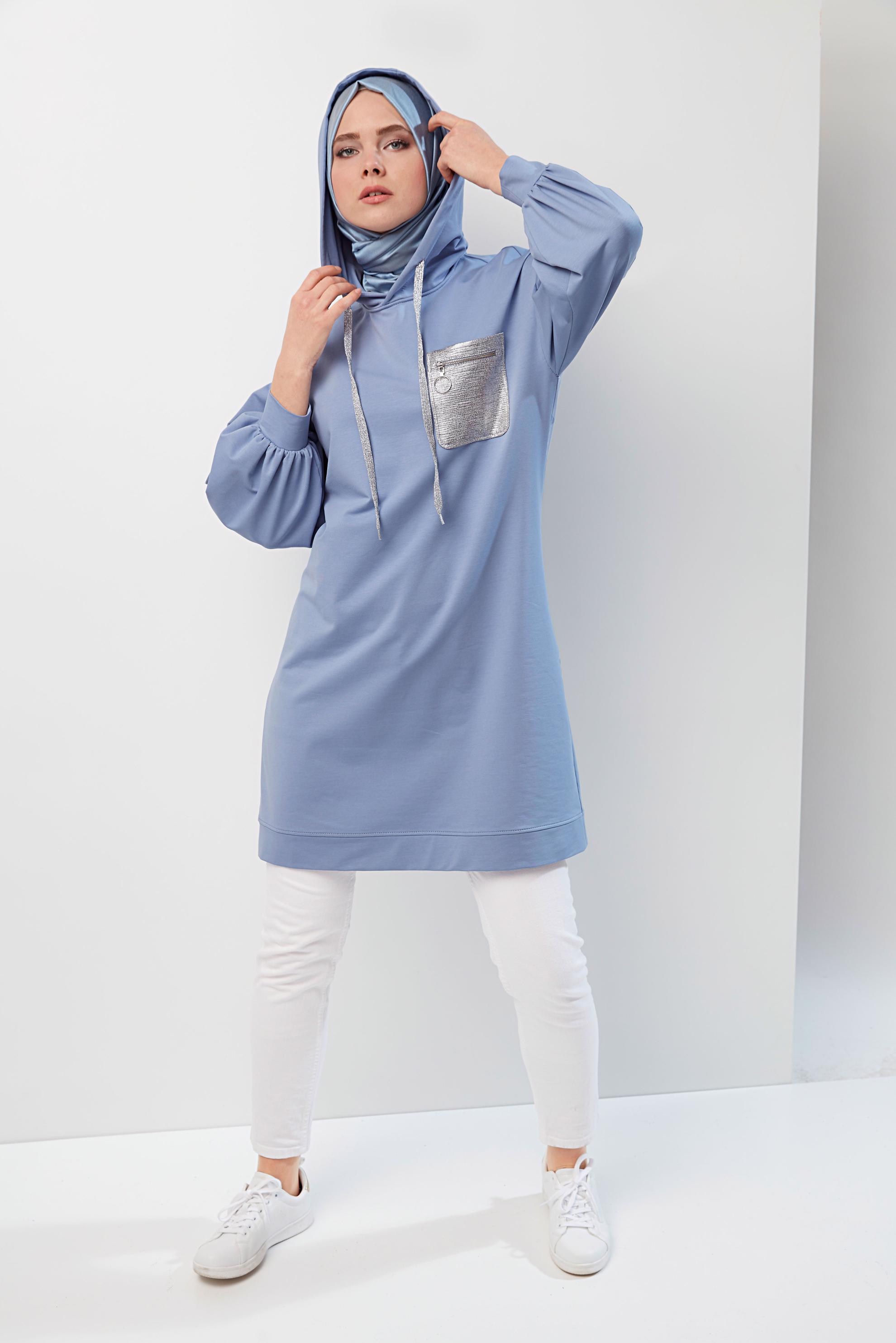 Tesettür giyim MAVİ PAMUKLU CEPLİ KAPÜŞONLU EŞOFMAN TUNİK 40529