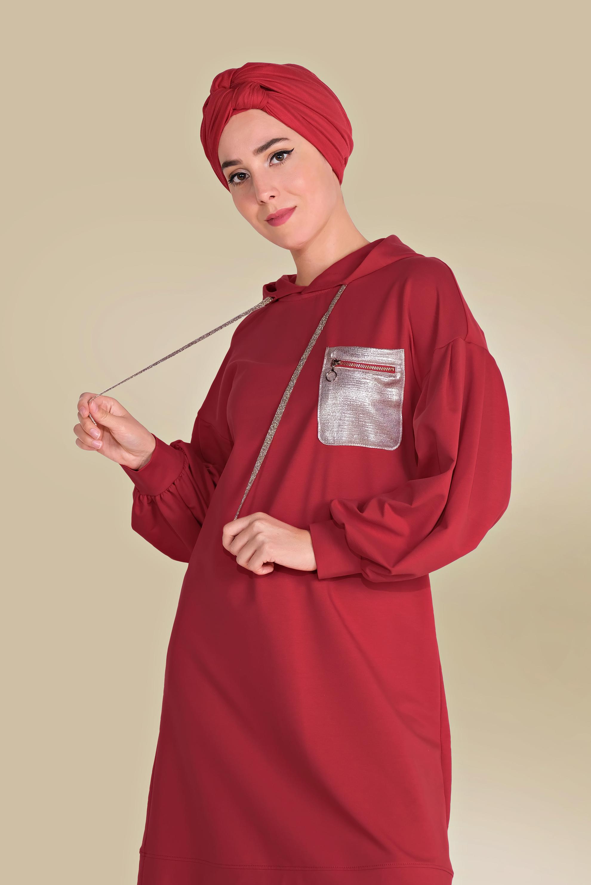 Hijab clothing RED HOODED COTTON TRACKSUIT TUNIC WITH POCKET 40529 