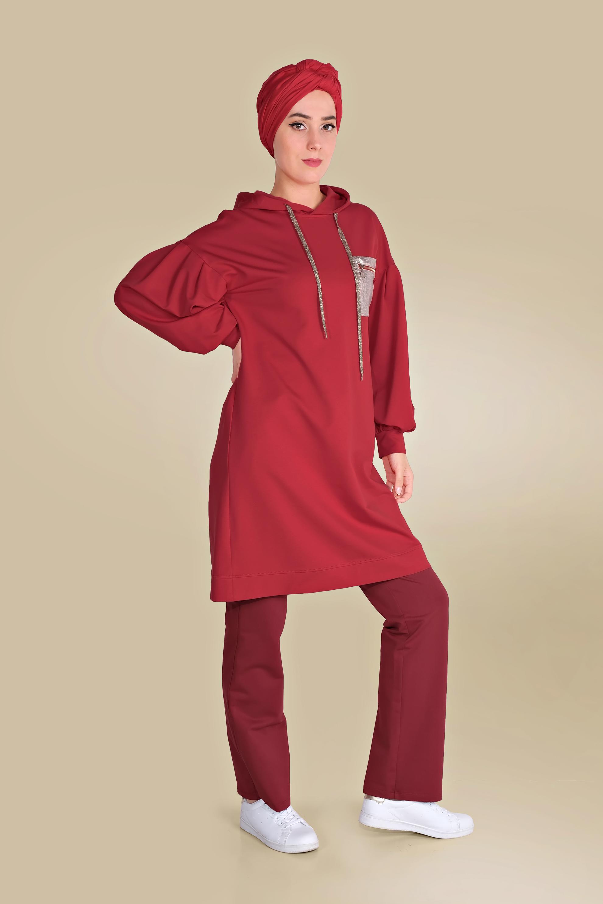 Hijab clothing RED HOODED COTTON TRACKSUIT TUNIC WITH POCKET 40529 