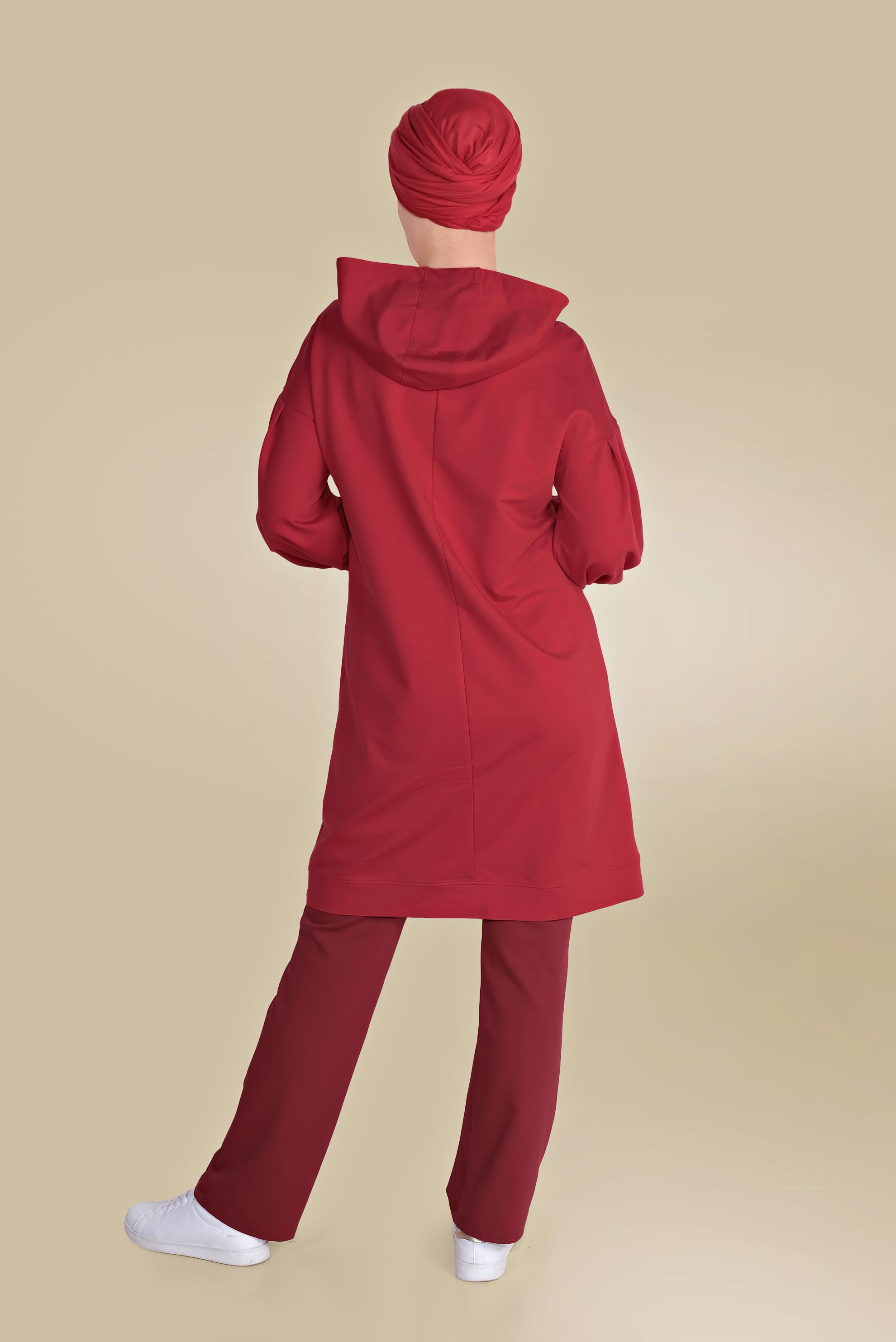 Hijab clothing RED HOODED COTTON TRACKSUIT TUNIC WITH POCKET 40529 
