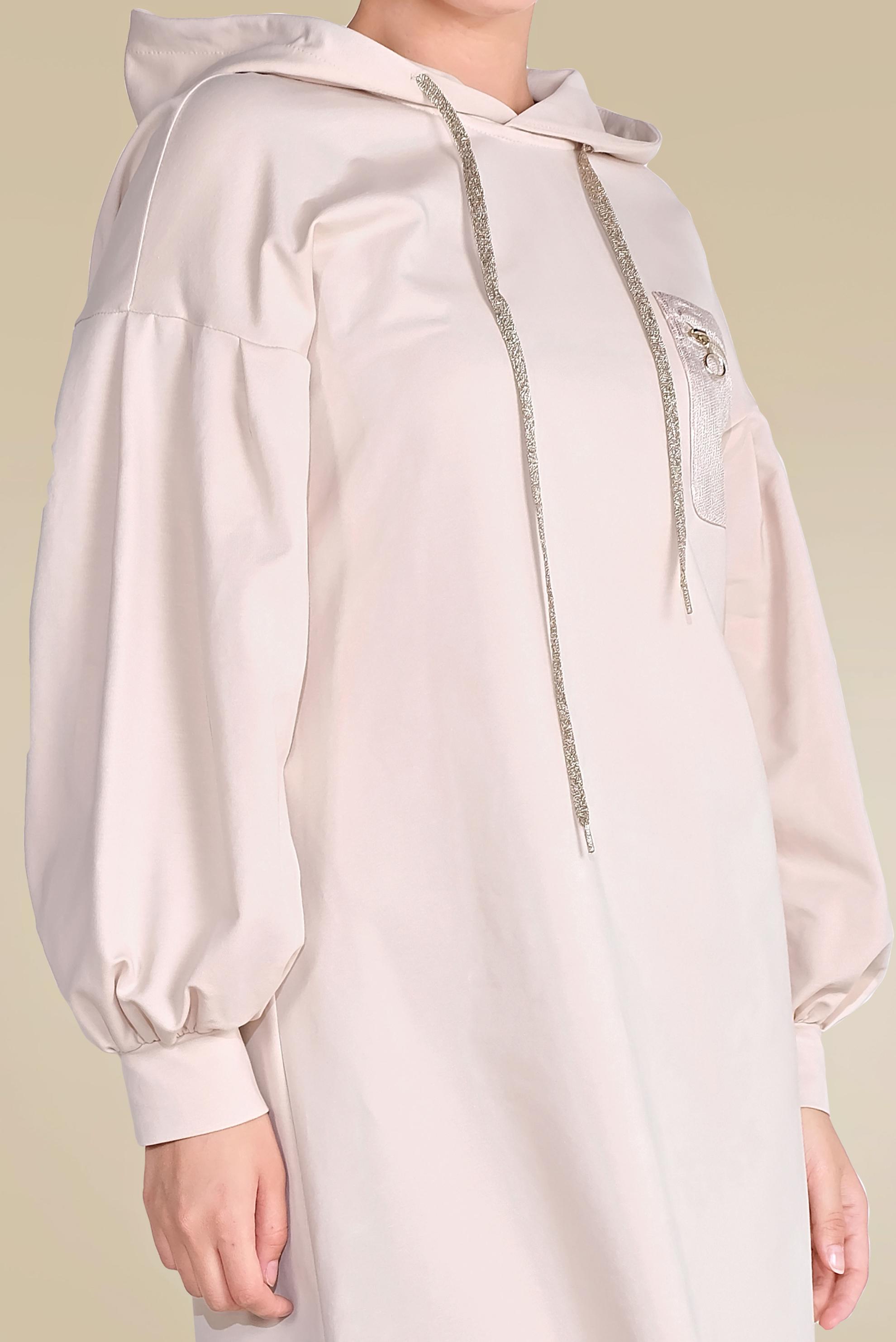 Tesettür giyim BEJ PAMUKLU CEPLİ KAPÜŞONLU EŞOFMAN TUNİK 40529