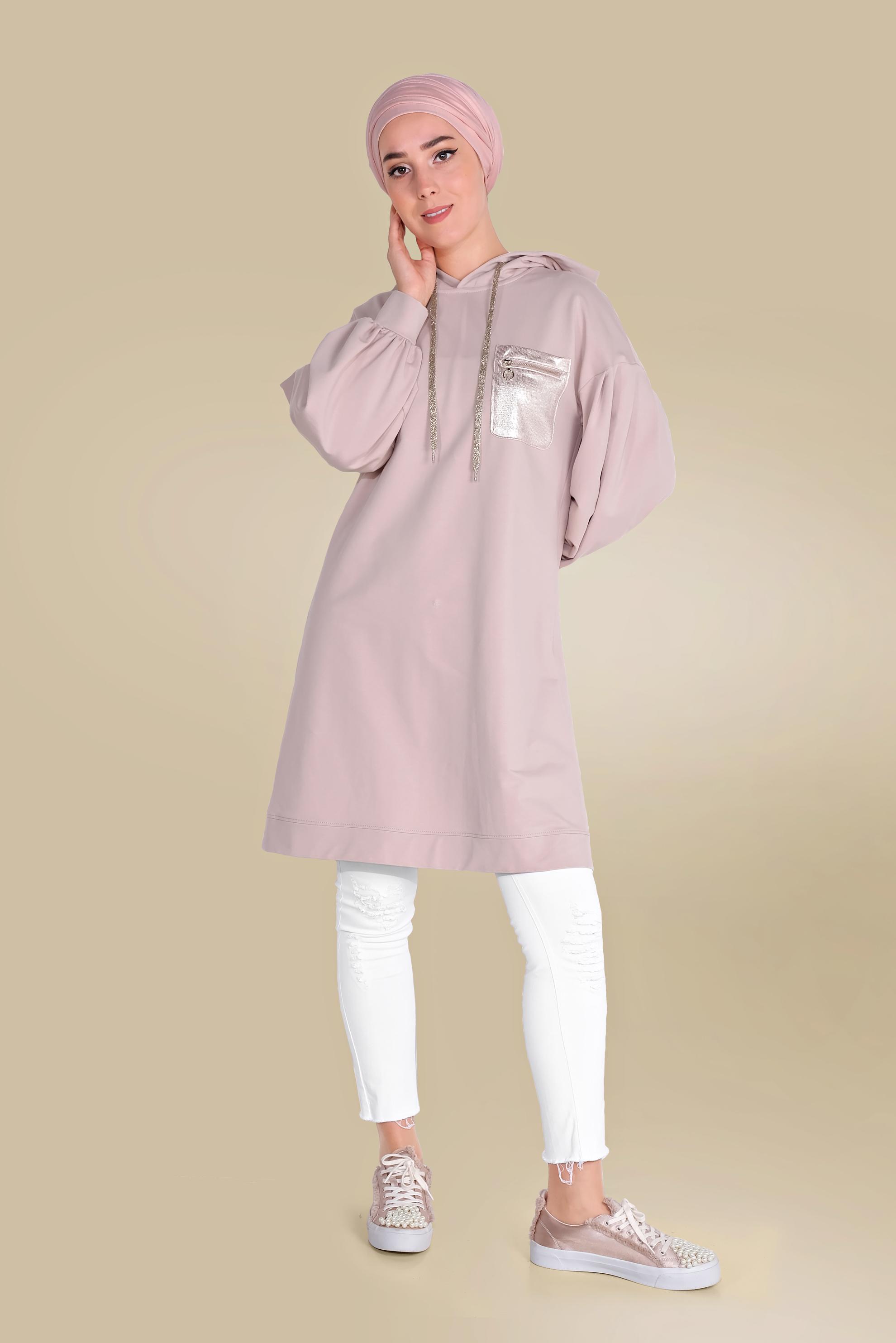 Tesettür giyim PUDRA PAMUKLU CEPLİ KAPÜŞONLU EŞOFMAN TUNİK 40529