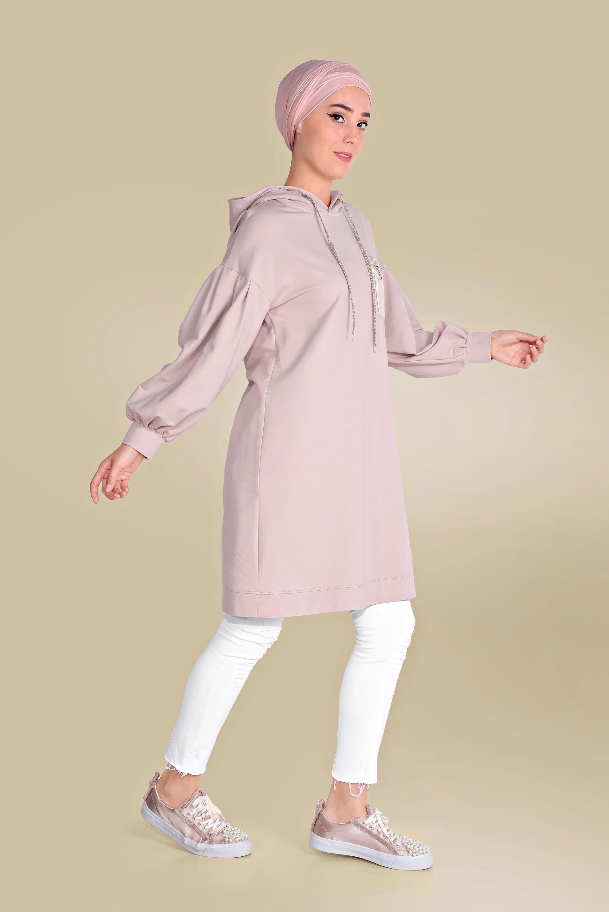 Tesettür giyim PUDRA PAMUKLU CEPLİ KAPÜŞONLU EŞOFMAN TUNİK 40529