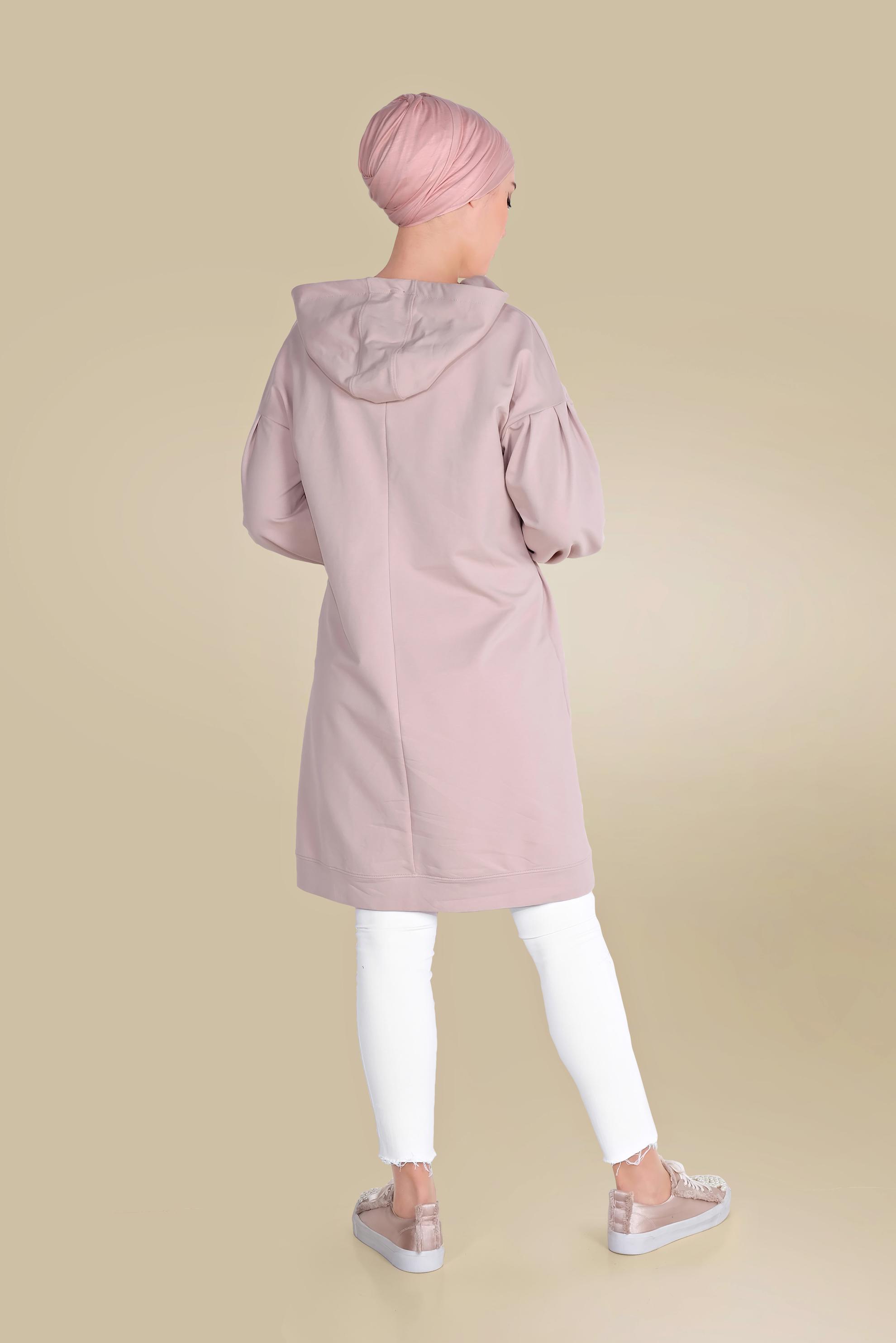 Tesettür giyim PUDRA PAMUKLU CEPLİ KAPÜŞONLU EŞOFMAN TUNİK 40529