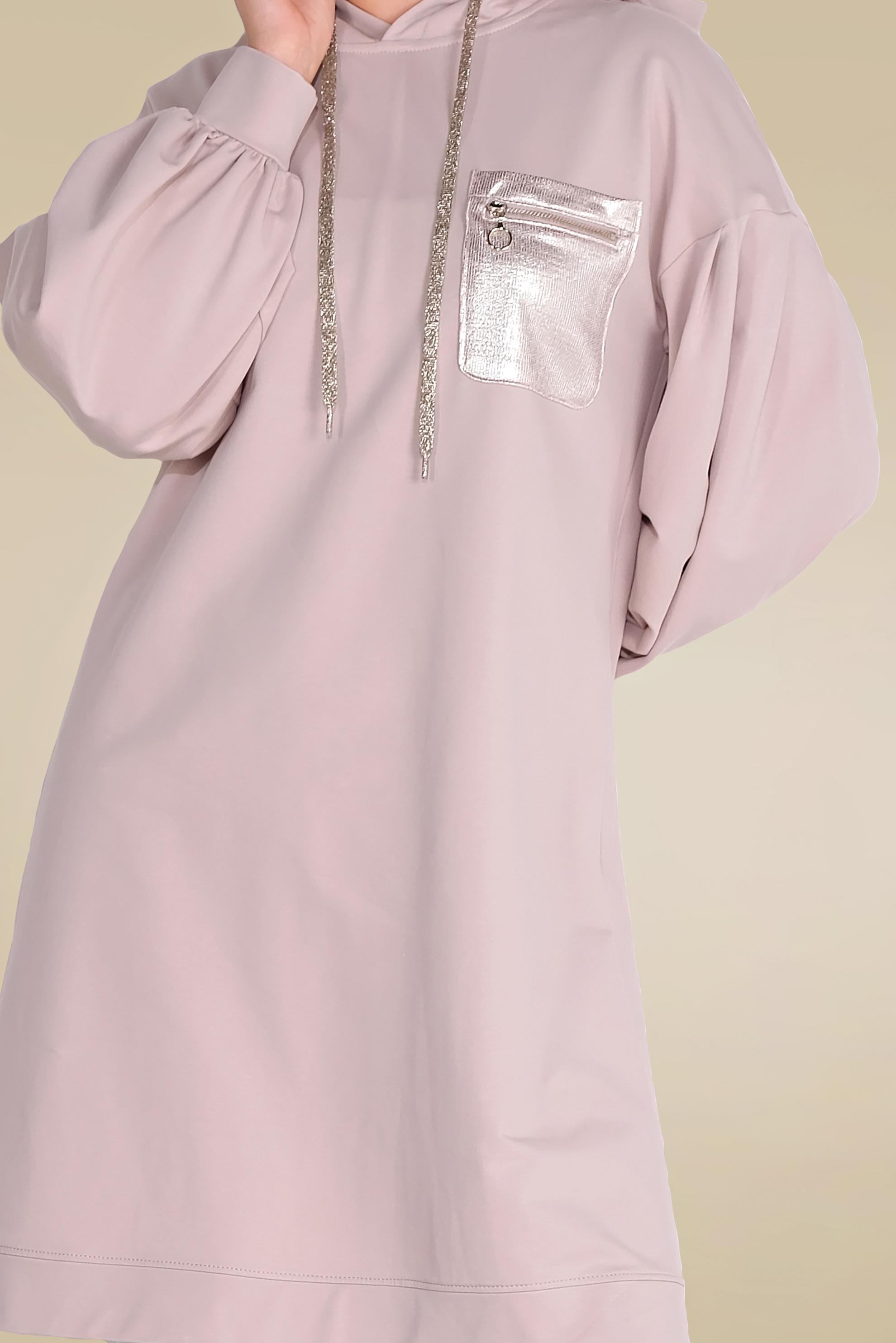Tesettür giyim PUDRA PAMUKLU CEPLİ KAPÜŞONLU EŞOFMAN TUNİK 40529