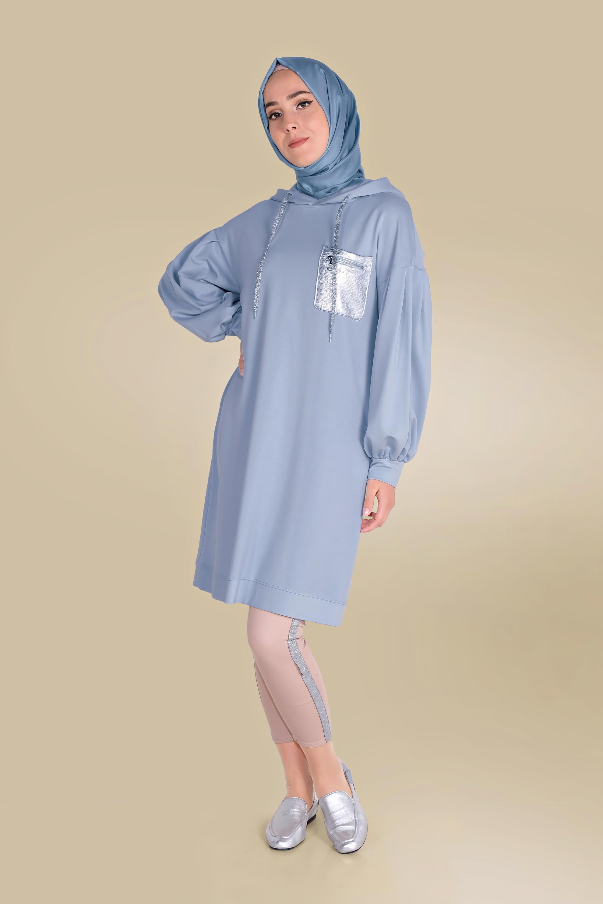 Tesettür giyim MAVİ PAMUKLU CEPLİ KAPÜŞONLU EŞOFMAN TUNİK 40529