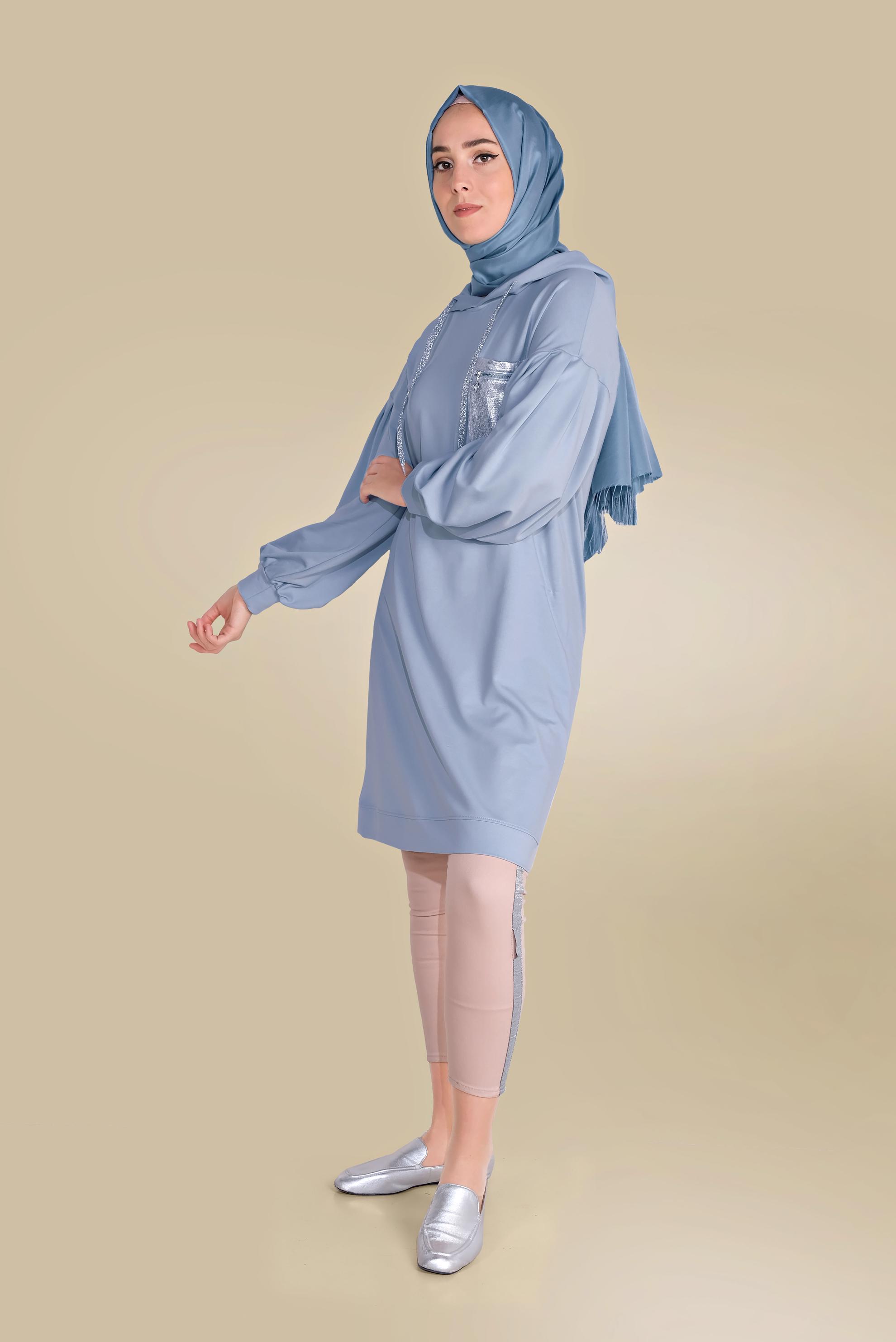 Tesettür giyim MAVİ PAMUKLU CEPLİ KAPÜŞONLU EŞOFMAN TUNİK 40529