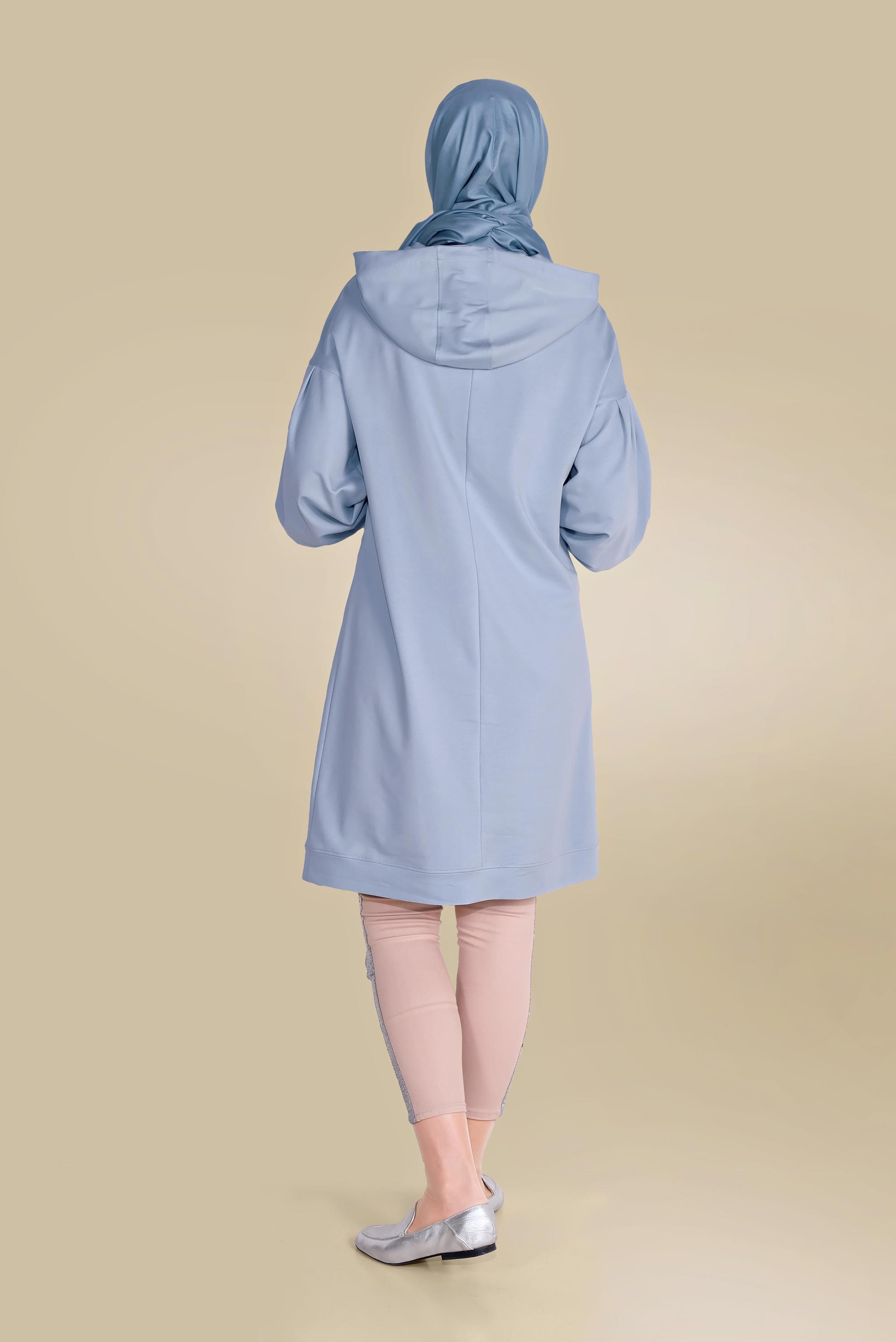 Tesettür giyim MAVİ PAMUKLU CEPLİ KAPÜŞONLU EŞOFMAN TUNİK 40529