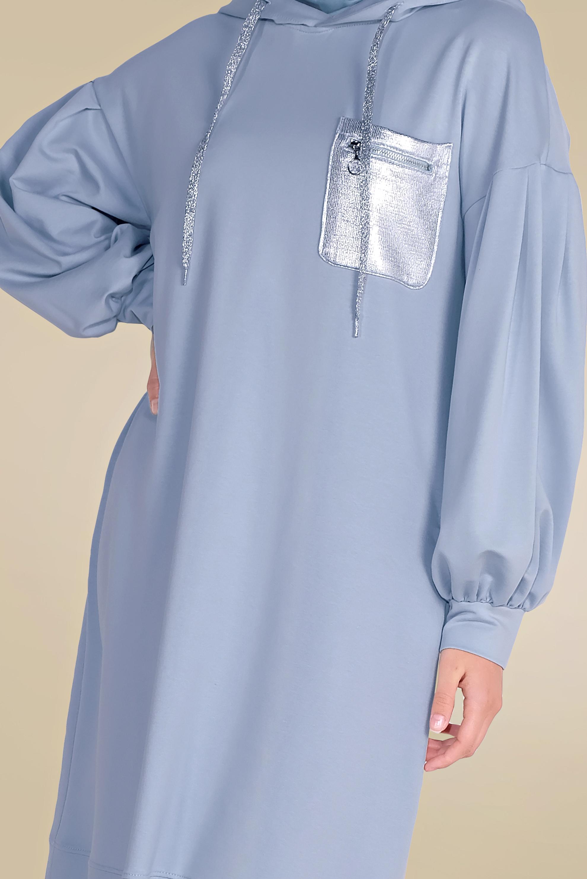 Tesettür giyim MAVİ PAMUKLU CEPLİ KAPÜŞONLU EŞOFMAN TUNİK 40529