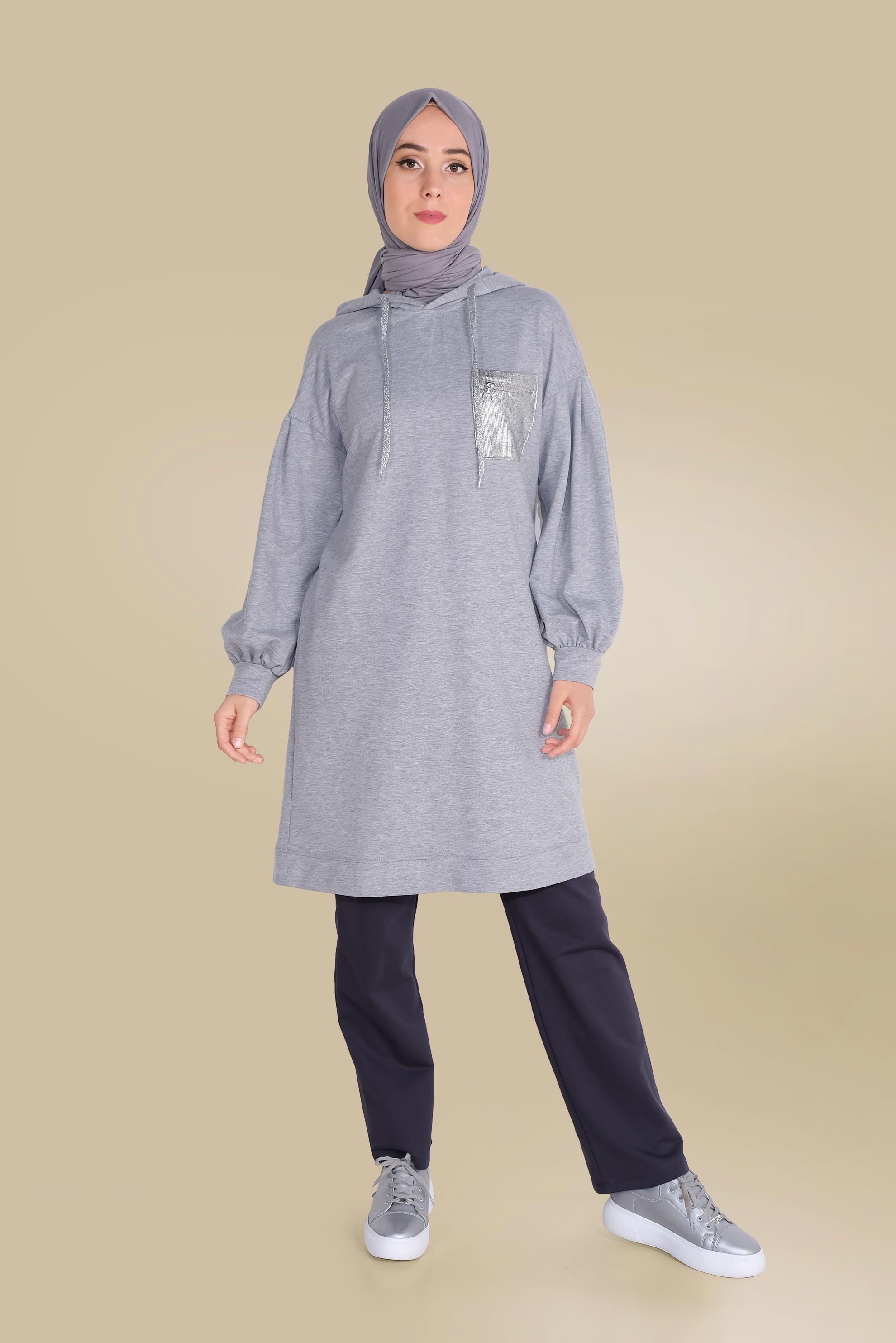 Tesettür giyim GRİ PAMUKLU CEPLİ KAPÜŞONLU EŞOFMAN TUNİK 40529
