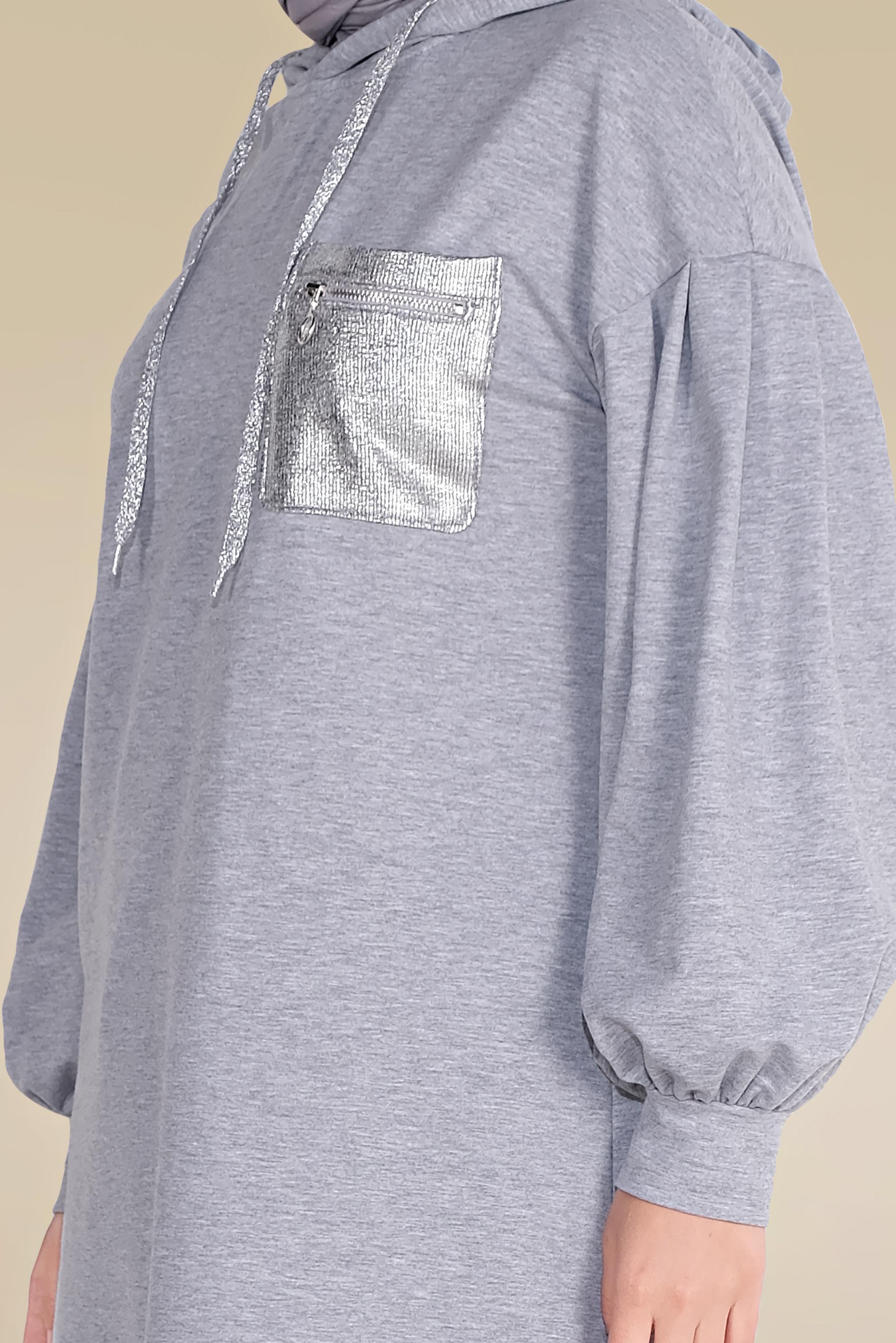 Tesettür giyim GRİ PAMUKLU CEPLİ KAPÜŞONLU EŞOFMAN TUNİK 40529