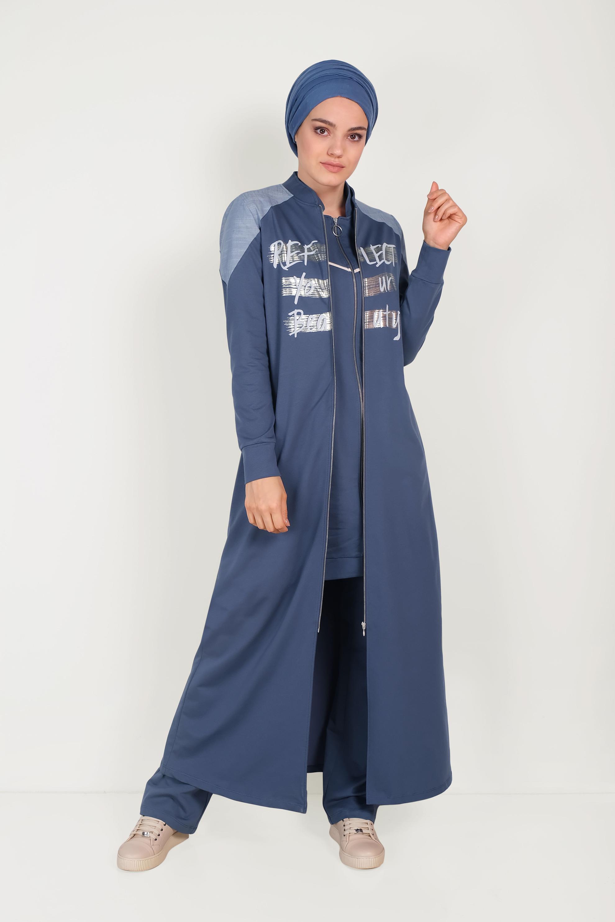 Tesettür giyim LACİVERT  YAZI BASKILI HAKİM YAKA EŞOFMAN TUNİK 40548