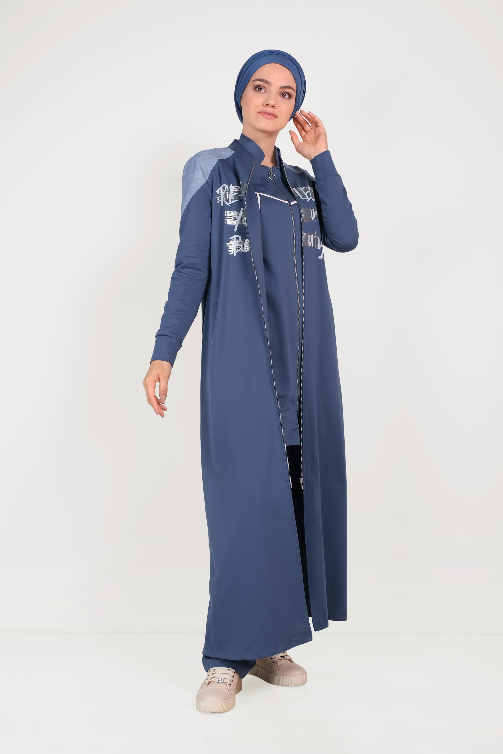 Tesettür giyim LACİVERT  YAZI BASKILI HAKİM YAKA EŞOFMAN TUNİK 40548