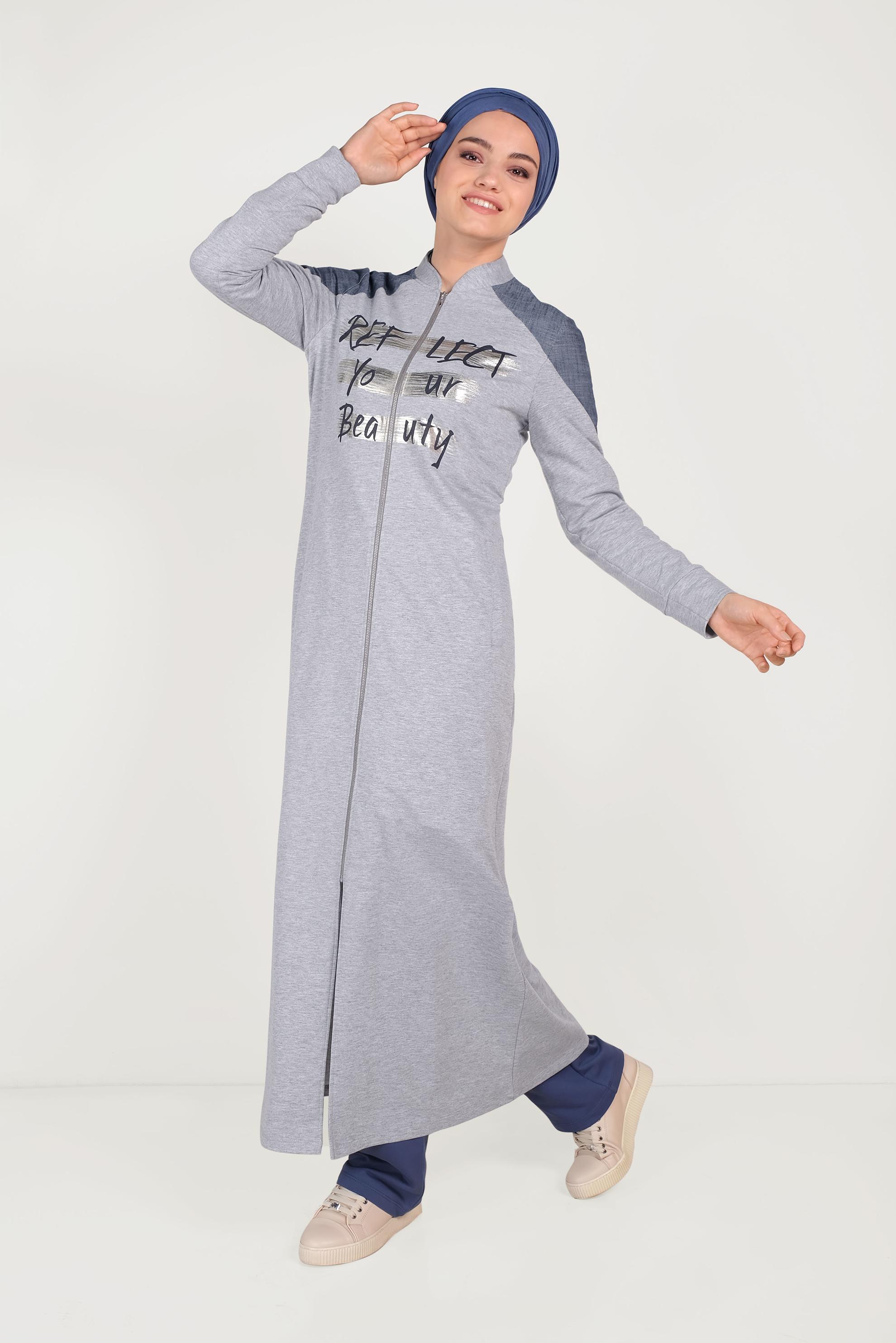 Tesettür giyim GRİ  YAZI BASKILI HAKİM YAKA EŞOFMAN TUNİK 40548