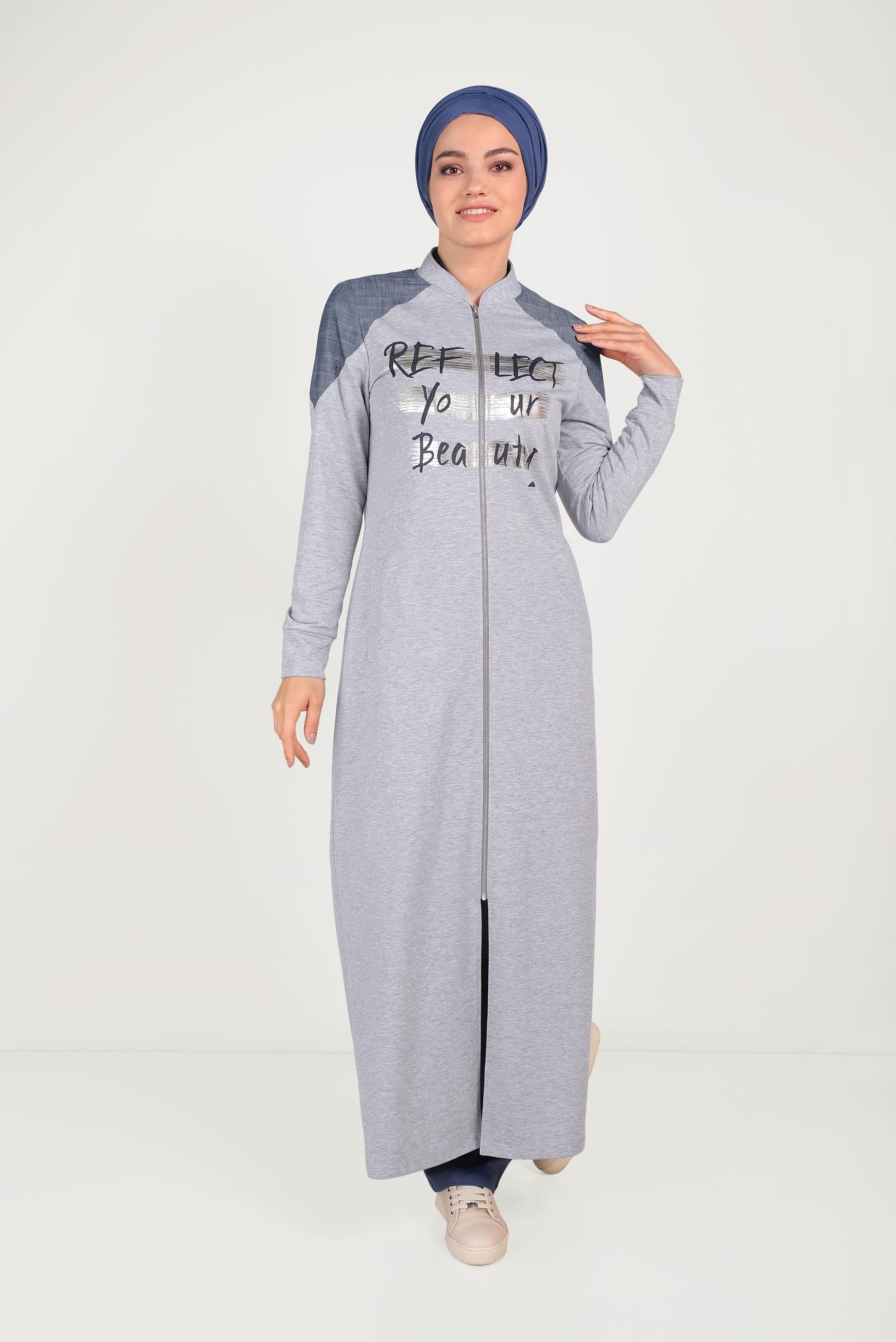 Tesettür giyim GRİ  YAZI BASKILI HAKİM YAKA EŞOFMAN TUNİK 40548