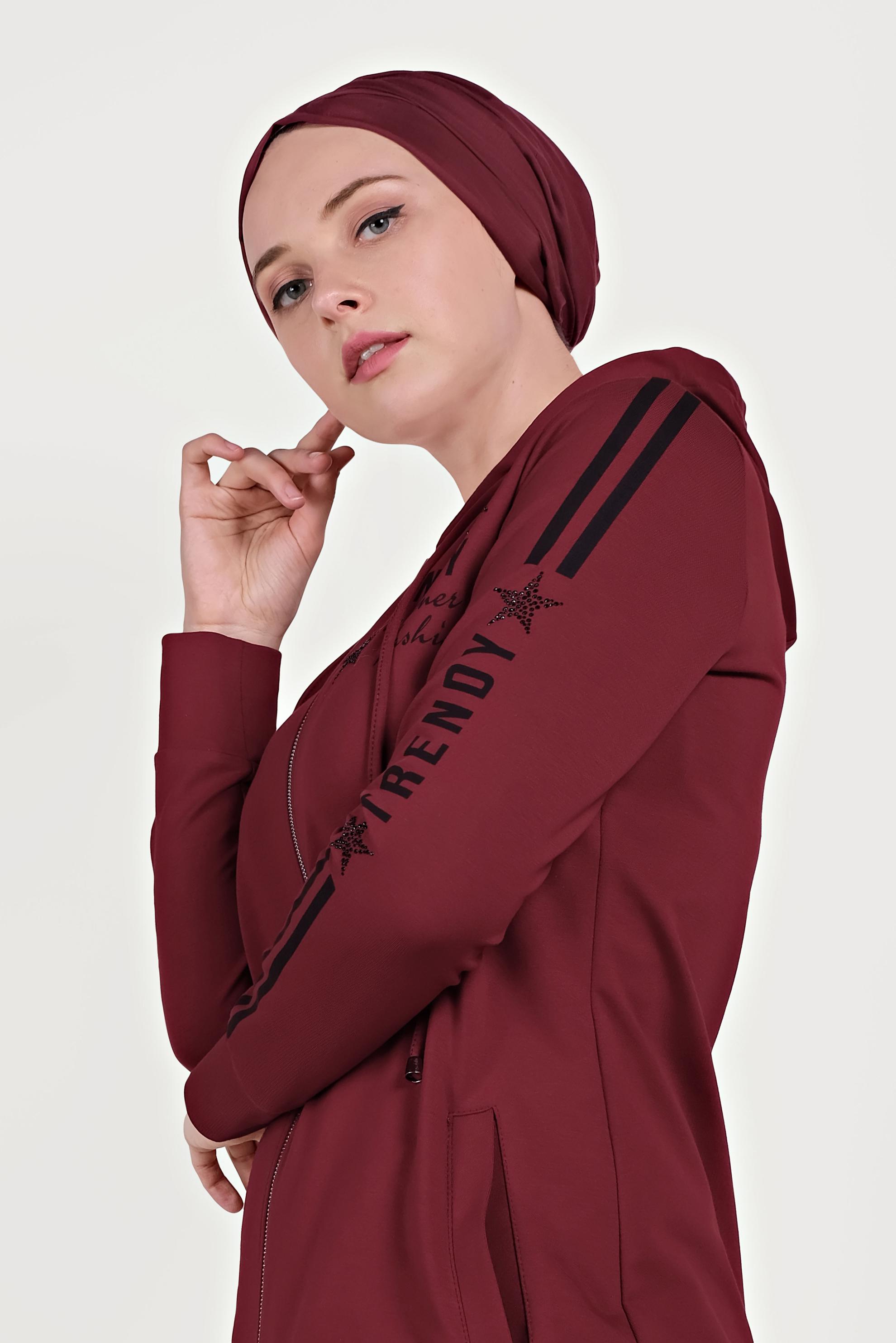 Tesettür giyim BORDO PAMUKLU FERMUARLI EŞOFMAN TUNİK 40549