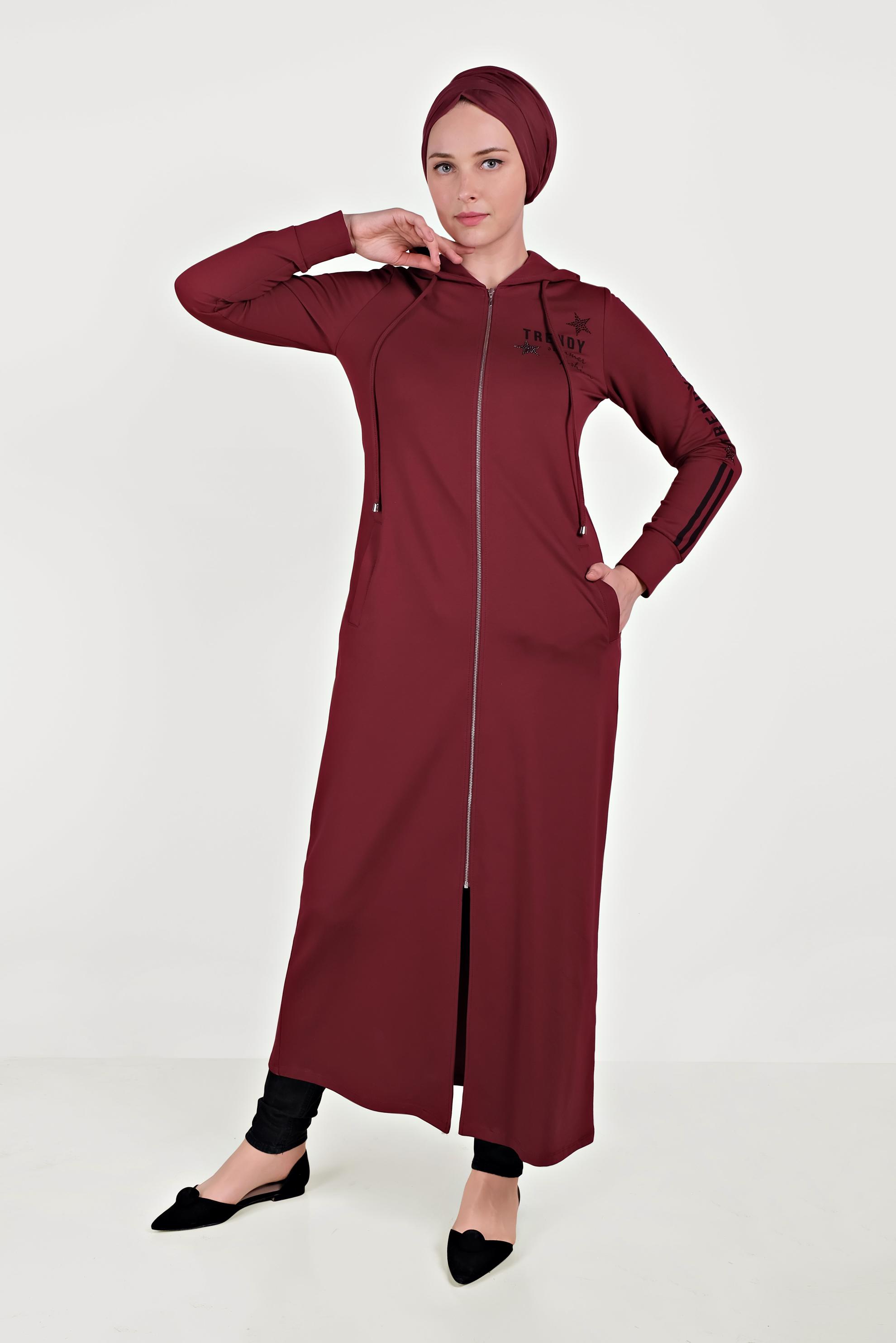 Tesettür giyim BORDO PAMUKLU FERMUARLI EŞOFMAN TUNİK 40549