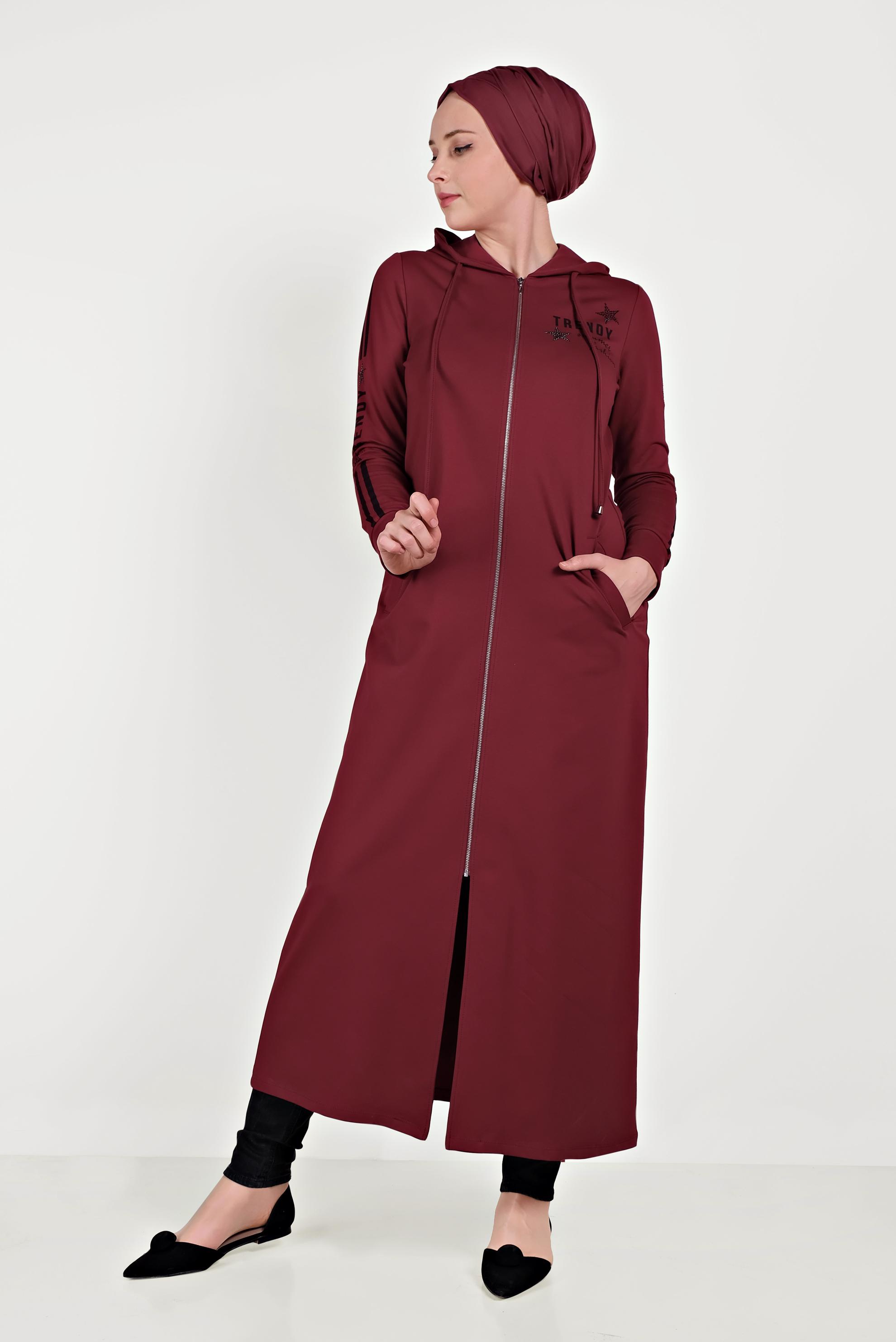 Tesettür giyim BORDO PAMUKLU FERMUARLI EŞOFMAN TUNİK 40549