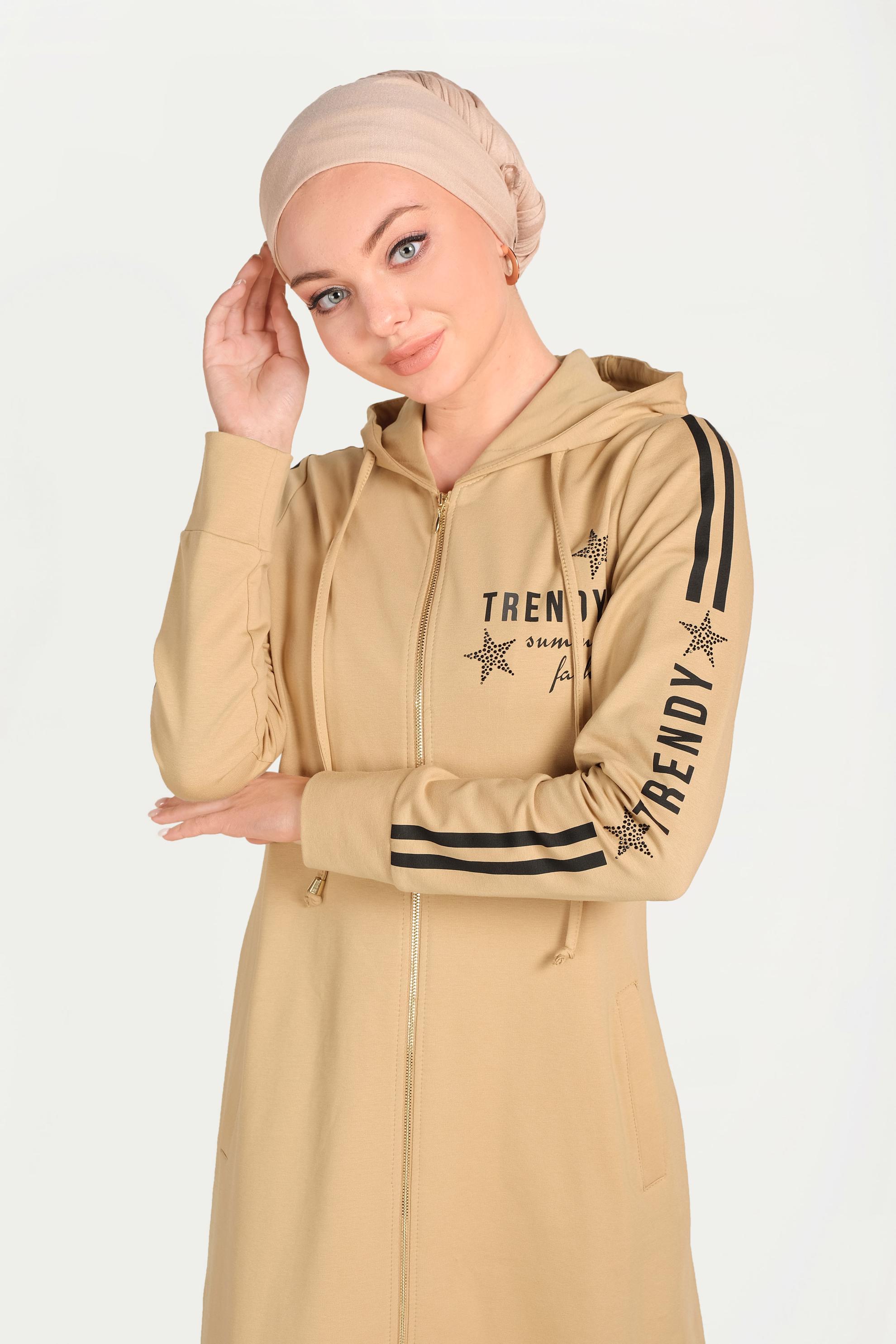 Tesettür giyim KAHVE PAMUKLU FERMUARLI EŞOFMAN TUNİK 40549