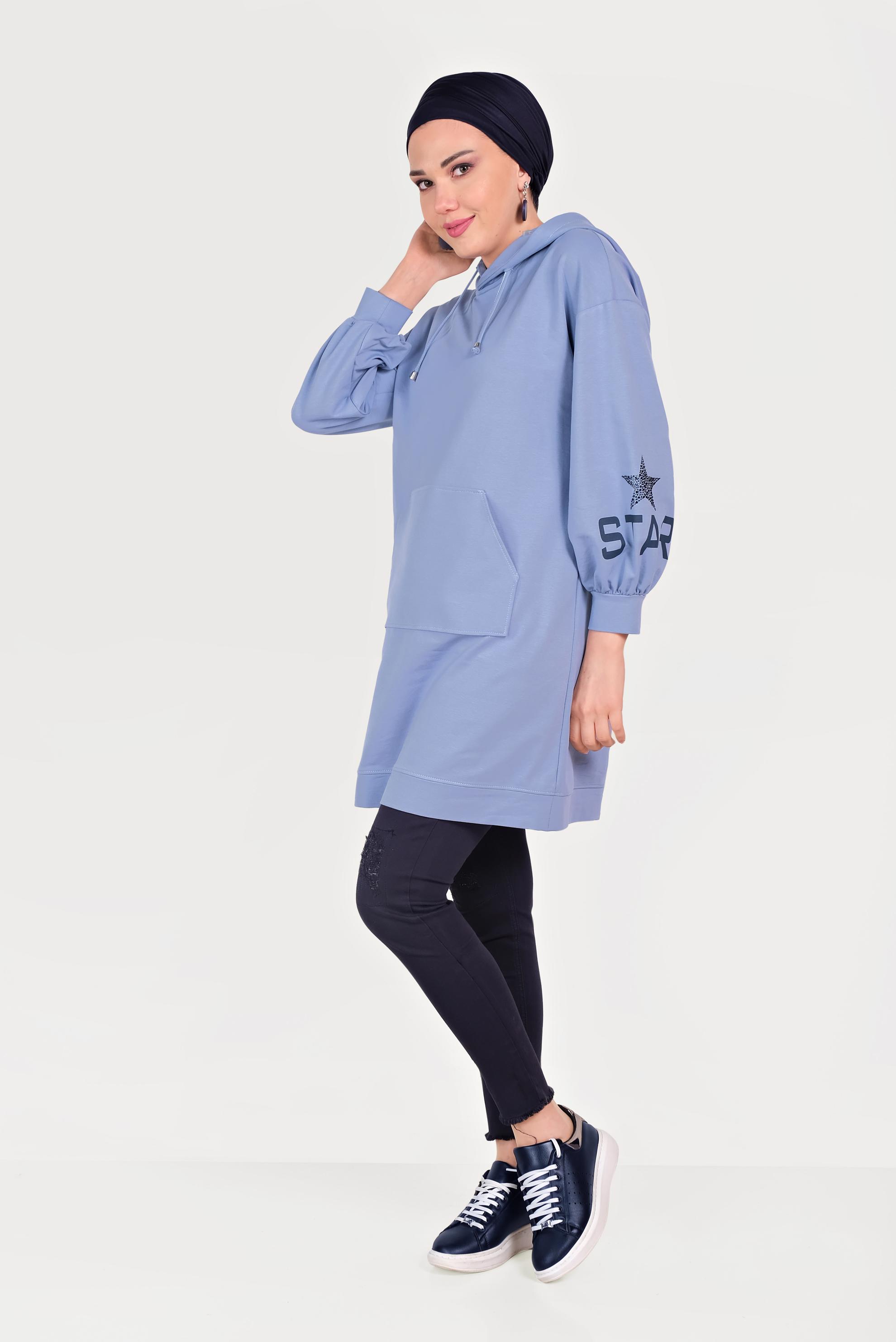 Tesettür giyim MAVİ YAZI DETAYLI KAPÜŞONLU TUNİK 40550