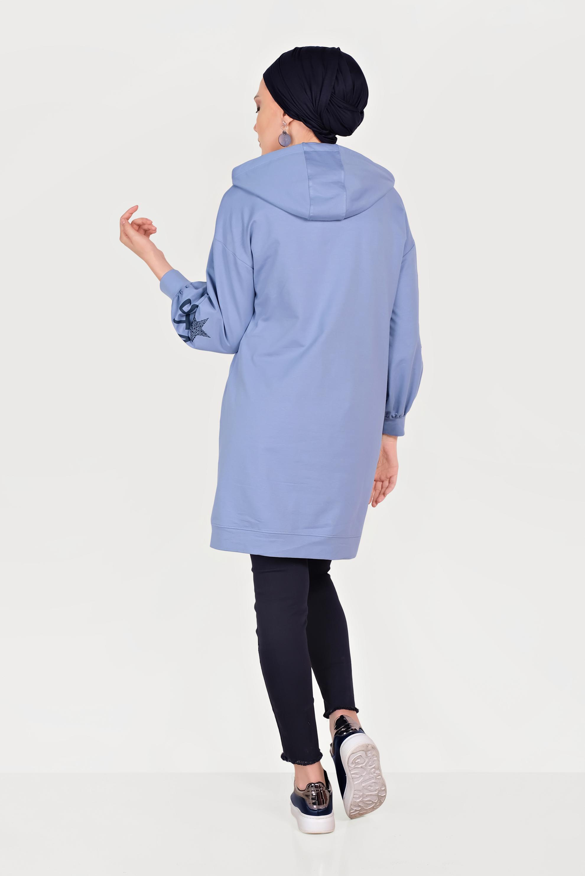 Tesettür giyim MAVİ YAZI DETAYLI KAPÜŞONLU TUNİK 40550