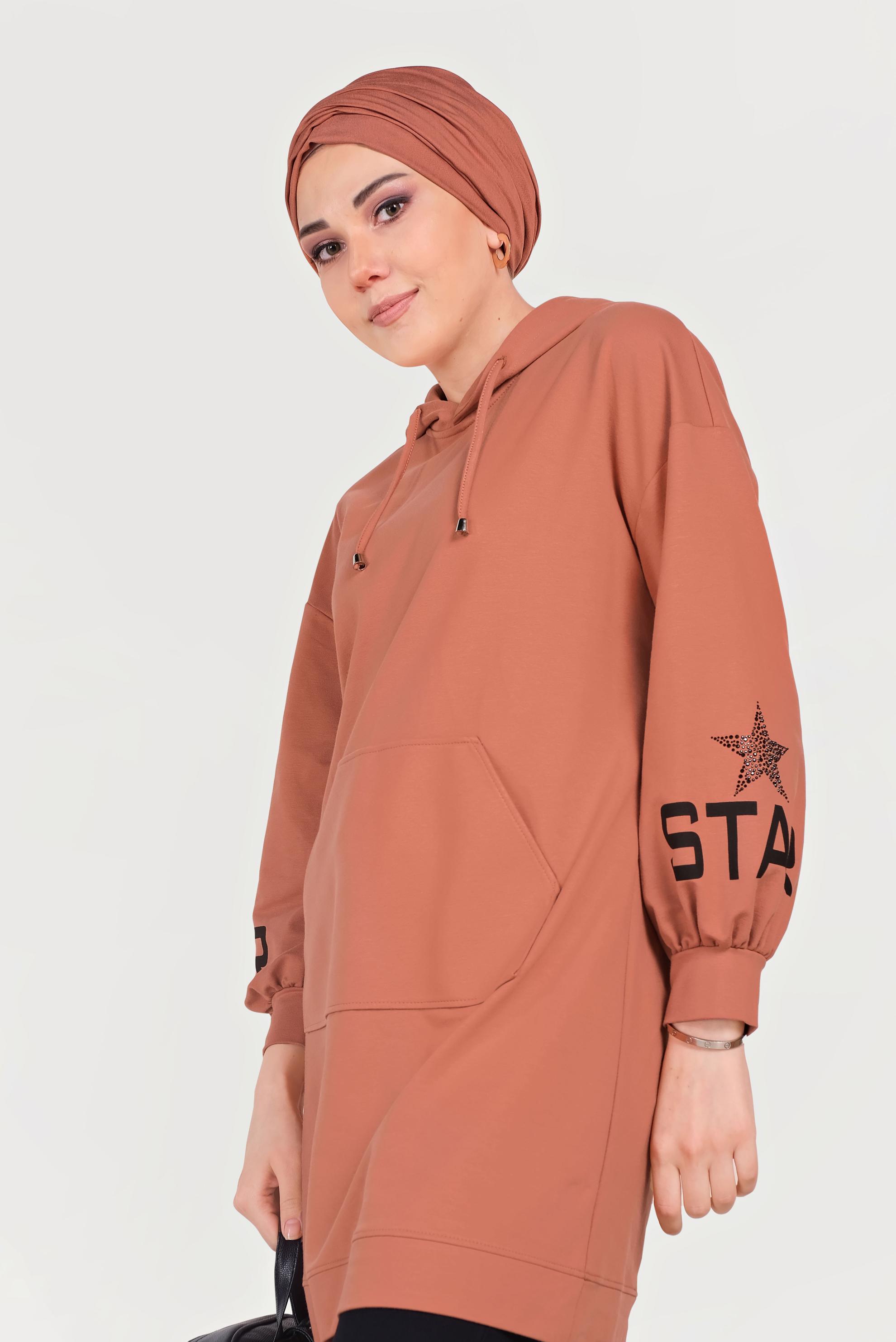 Tesettür giyim TURUNCU YAZI DETAYLI KAPÜŞONLU TUNİK 40550