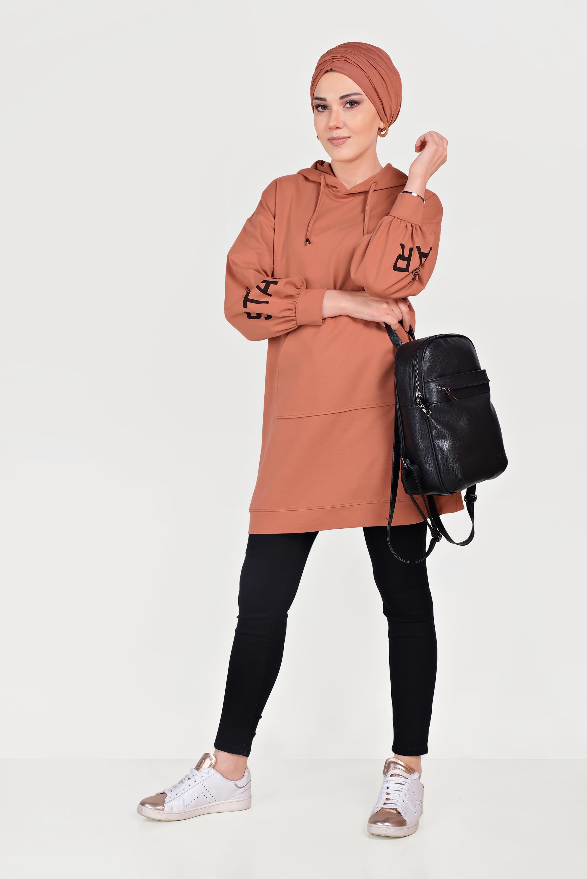 Tesettür giyim TURUNCU YAZI DETAYLI KAPÜŞONLU TUNİK 40550