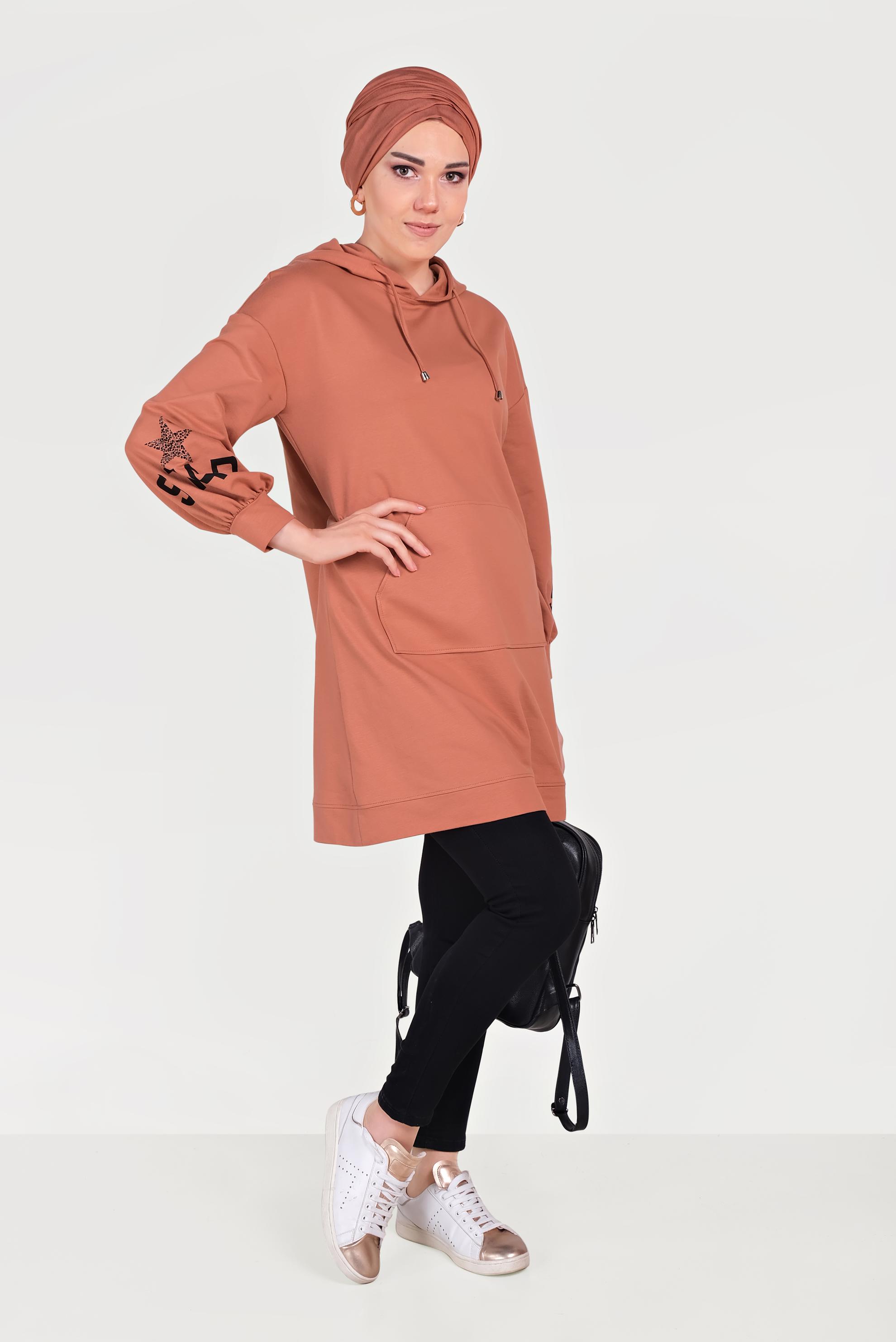 Tesettür giyim TURUNCU YAZI DETAYLI KAPÜŞONLU TUNİK 40550