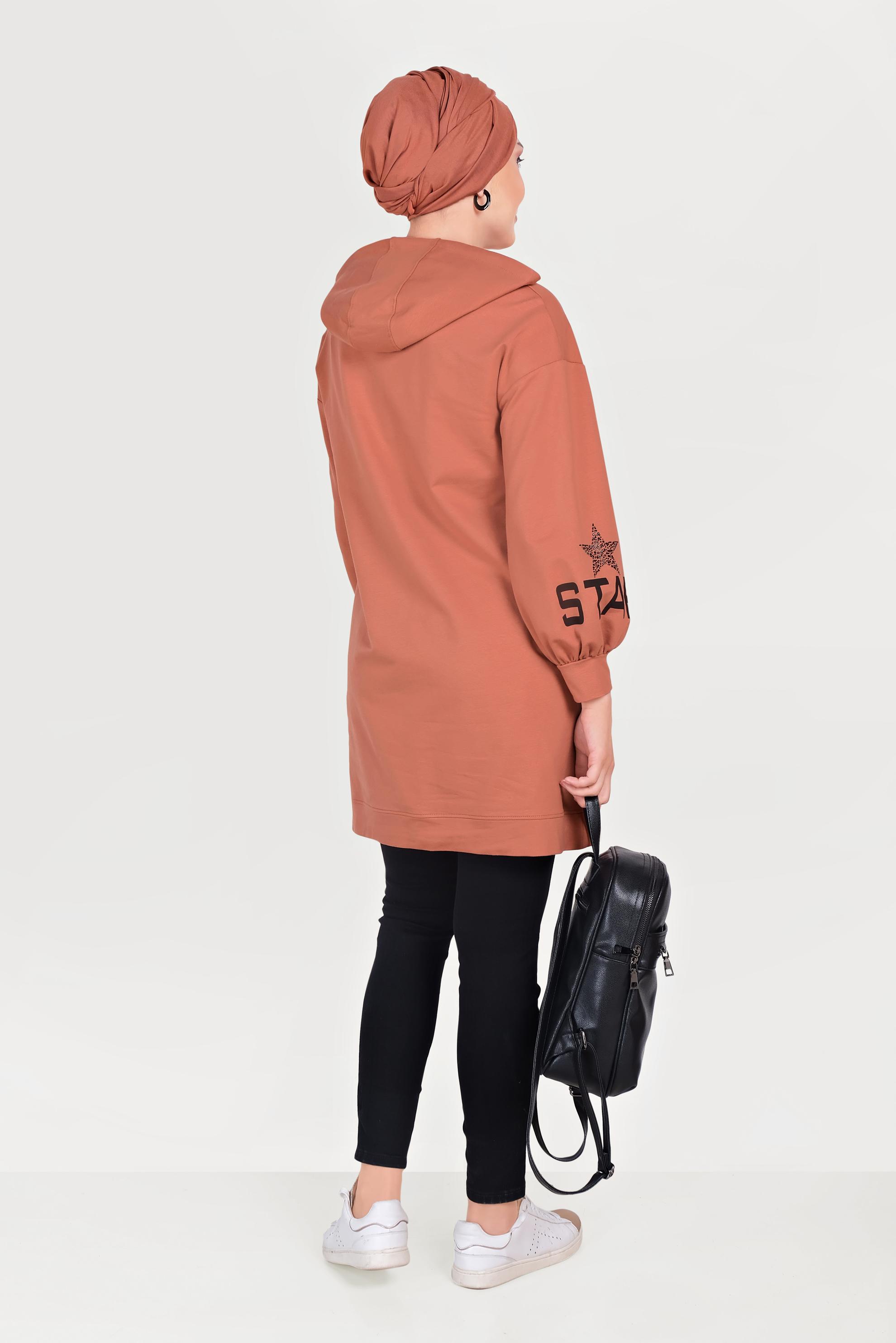 Tesettür giyim TURUNCU YAZI DETAYLI KAPÜŞONLU TUNİK 40550