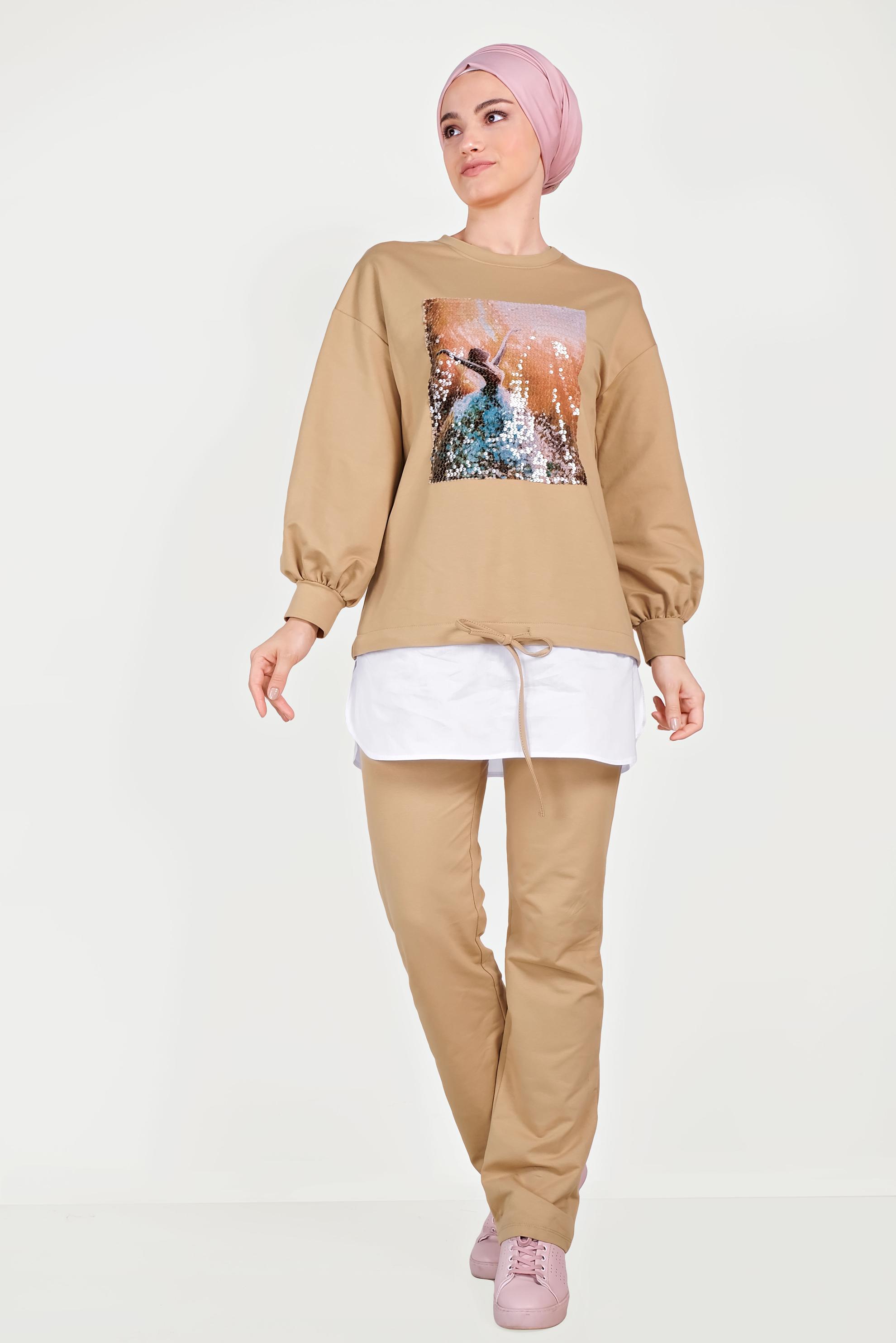 Tesettür giyim KAHVE GÖMLEK PARÇALI PULLU PAYETLİ EŞOFMAN TAKIMI 40551