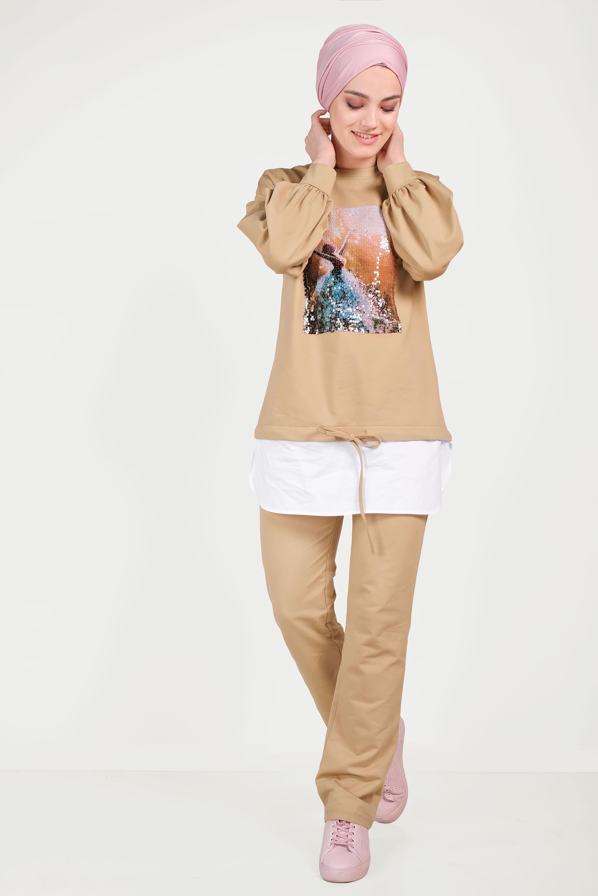 Tesettür giyim KAHVE GÖMLEK PARÇALI PULLU PAYETLİ EŞOFMAN TAKIMI 40551