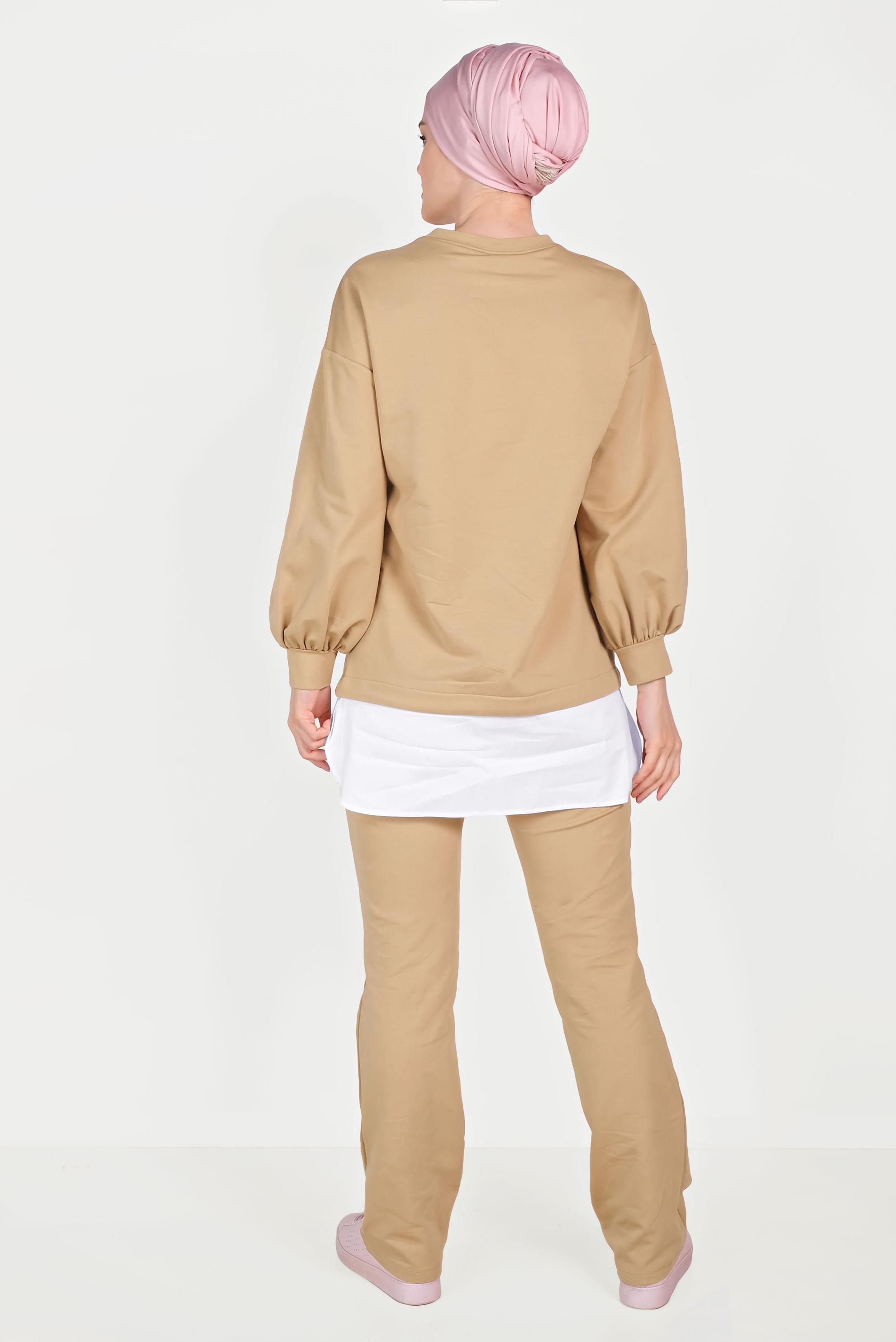 Tesettür giyim KAHVE GÖMLEK PARÇALI PULLU PAYETLİ EŞOFMAN TAKIMI 40551