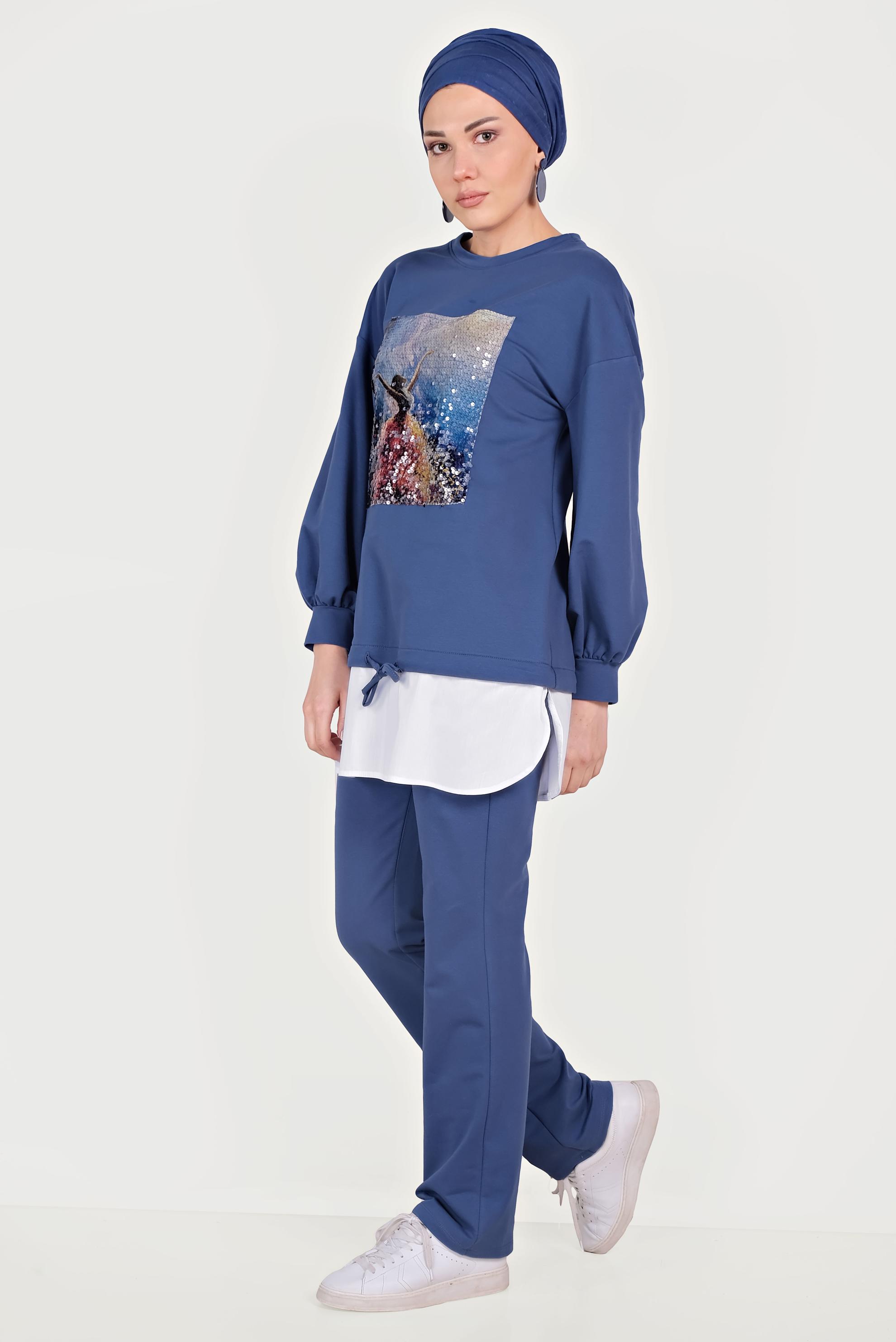 Tesettür giyim LACİVERT GÖMLEK PARÇALI PULLU PAYETLİ EŞOFMAN TAKIMI 40551