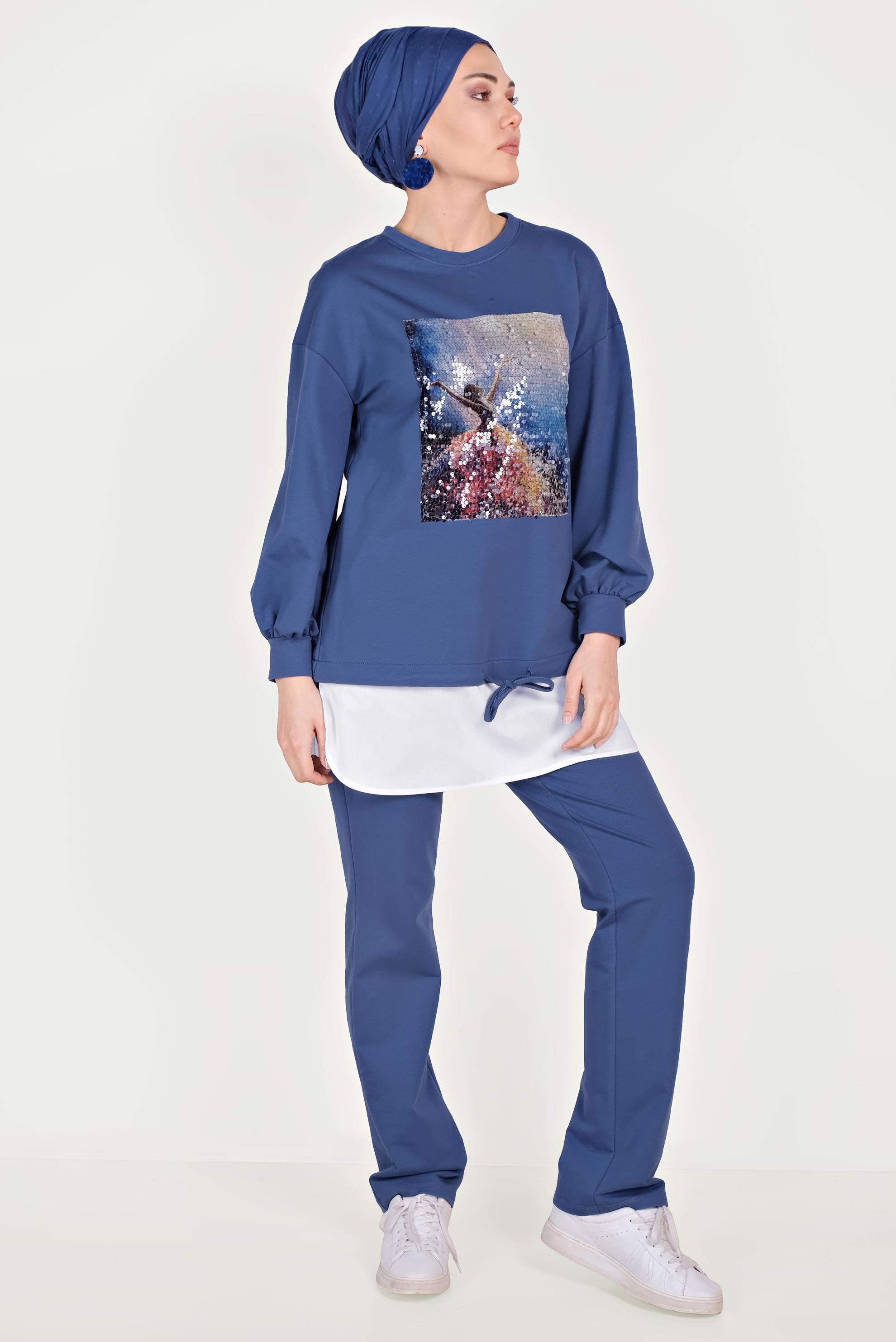 Tesettür giyim LACİVERT GÖMLEK PARÇALI PULLU PAYETLİ EŞOFMAN TAKIMI 40551