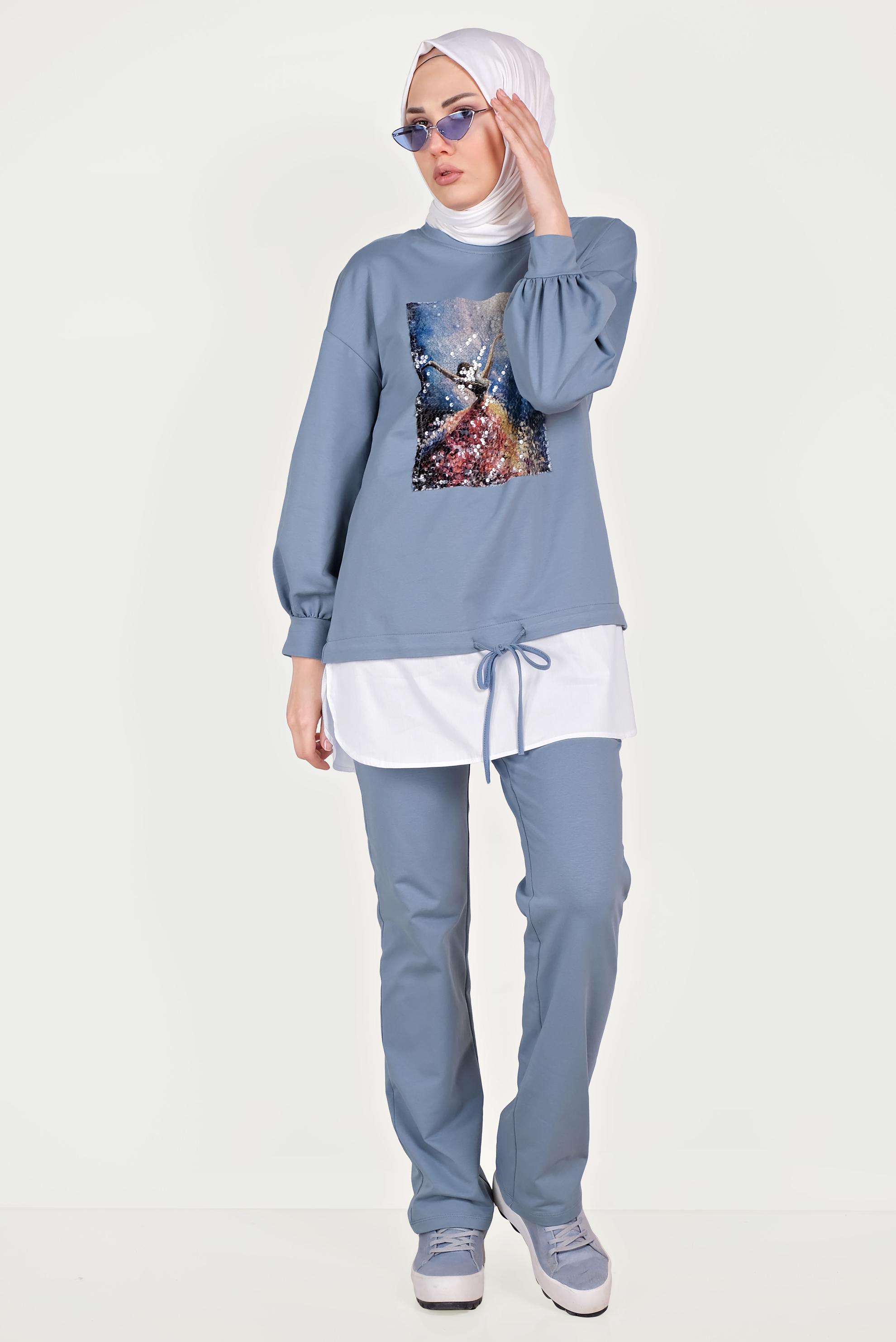 Tesettür giyim MAVİ GÖMLEK PARÇALI PULLU PAYETLİ EŞOFMAN TAKIMI 40551