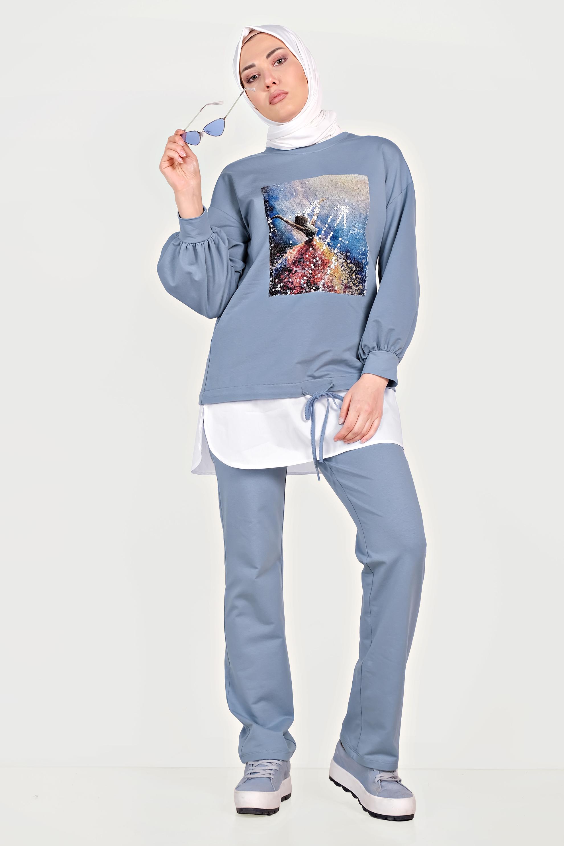 Tesettür giyim MAVİ GÖMLEK PARÇALI PULLU PAYETLİ EŞOFMAN TAKIMI 40551