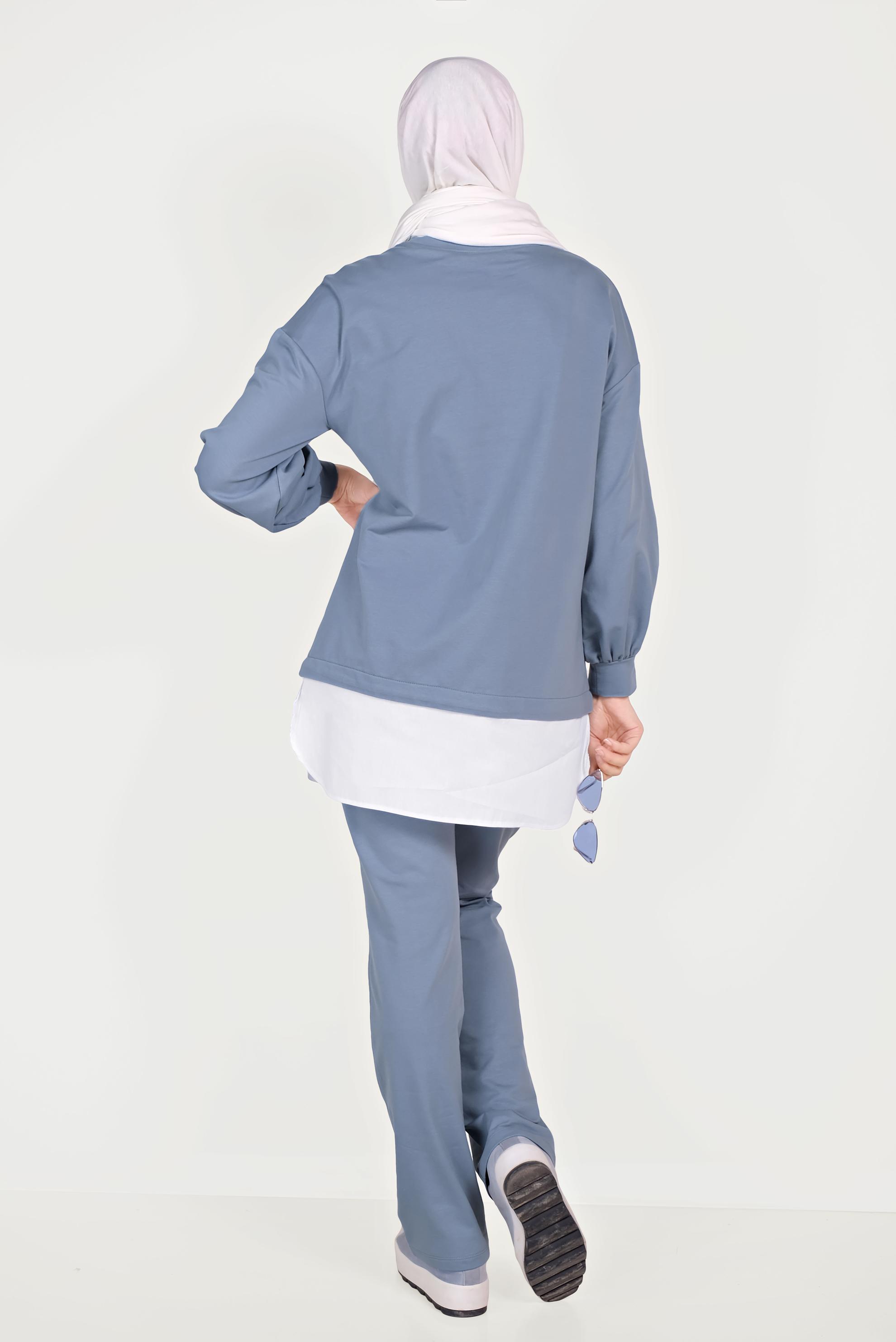 Tesettür giyim MAVİ GÖMLEK PARÇALI PULLU PAYETLİ EŞOFMAN TAKIMI 40551