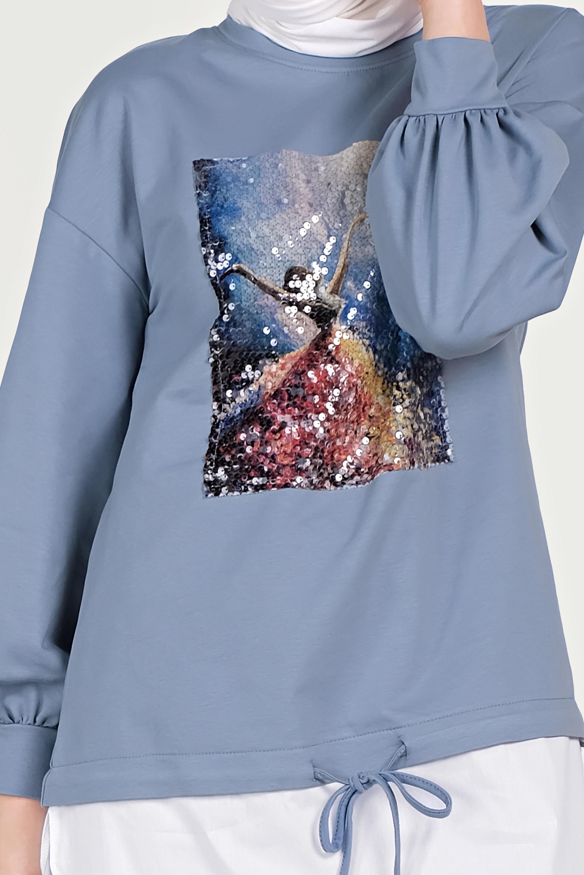 Tesettür giyim MAVİ GÖMLEK PARÇALI PULLU PAYETLİ EŞOFMAN TAKIMI 40551