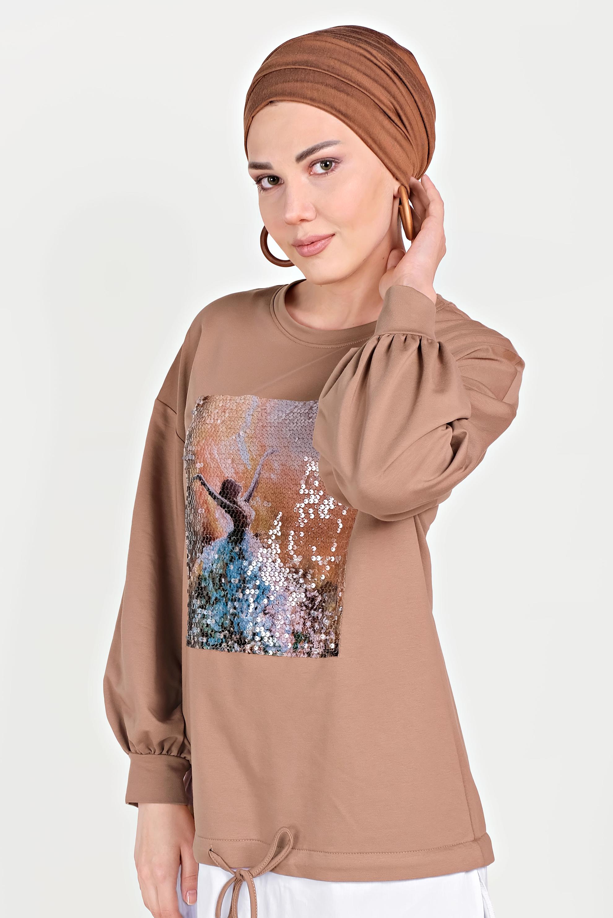 Tesettür giyim KAHVE GÖMLEK PARÇALI PULLU PAYETLİ EŞOFMAN TAKIMI 40551
