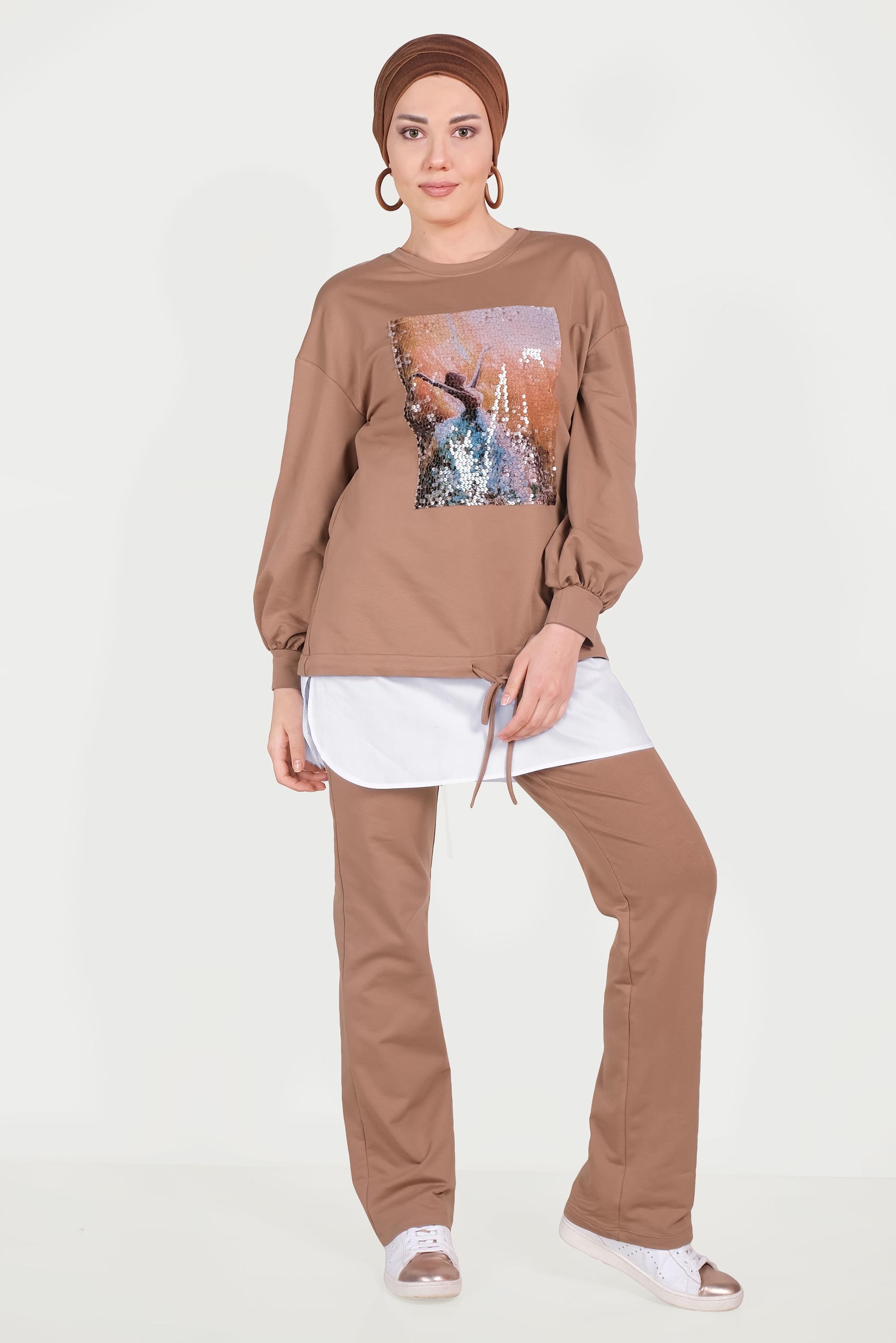 Tesettür giyim KAHVE GÖMLEK PARÇALI PULLU PAYETLİ EŞOFMAN TAKIMI 40551