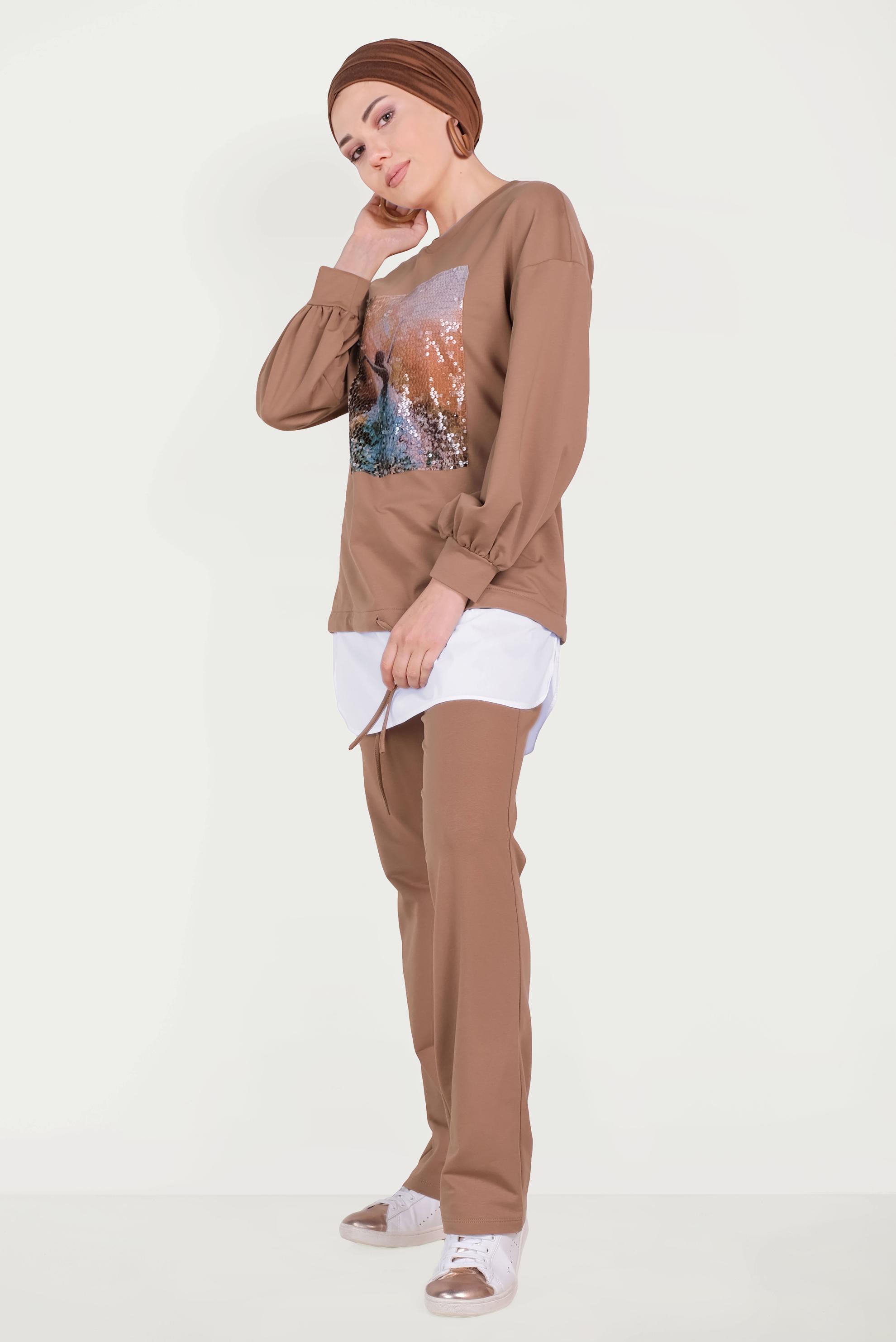 Tesettür giyim KAHVE GÖMLEK PARÇALI PULLU PAYETLİ EŞOFMAN TAKIMI 40551