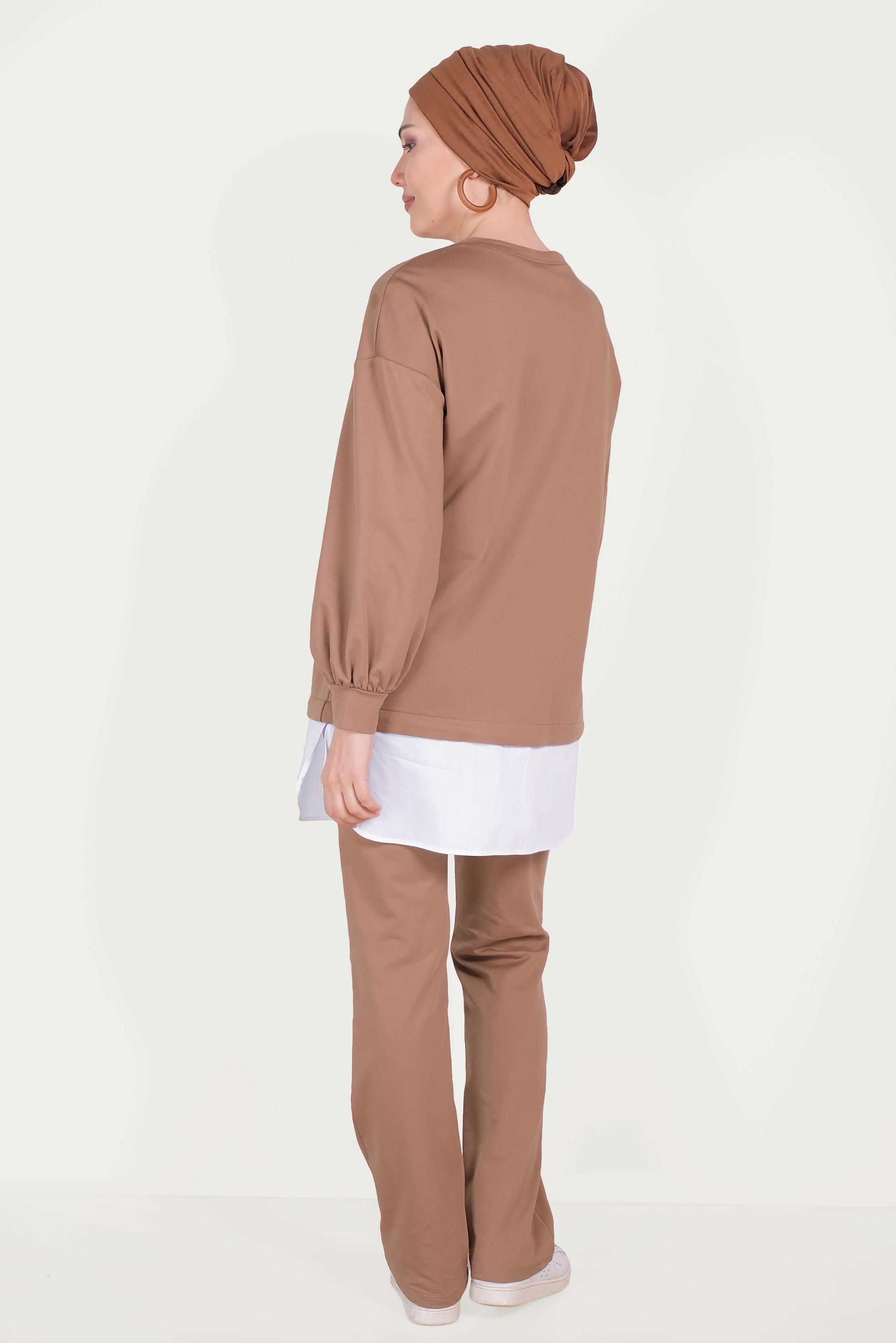 Tesettür giyim KAHVE GÖMLEK PARÇALI PULLU PAYETLİ EŞOFMAN TAKIMI 40551