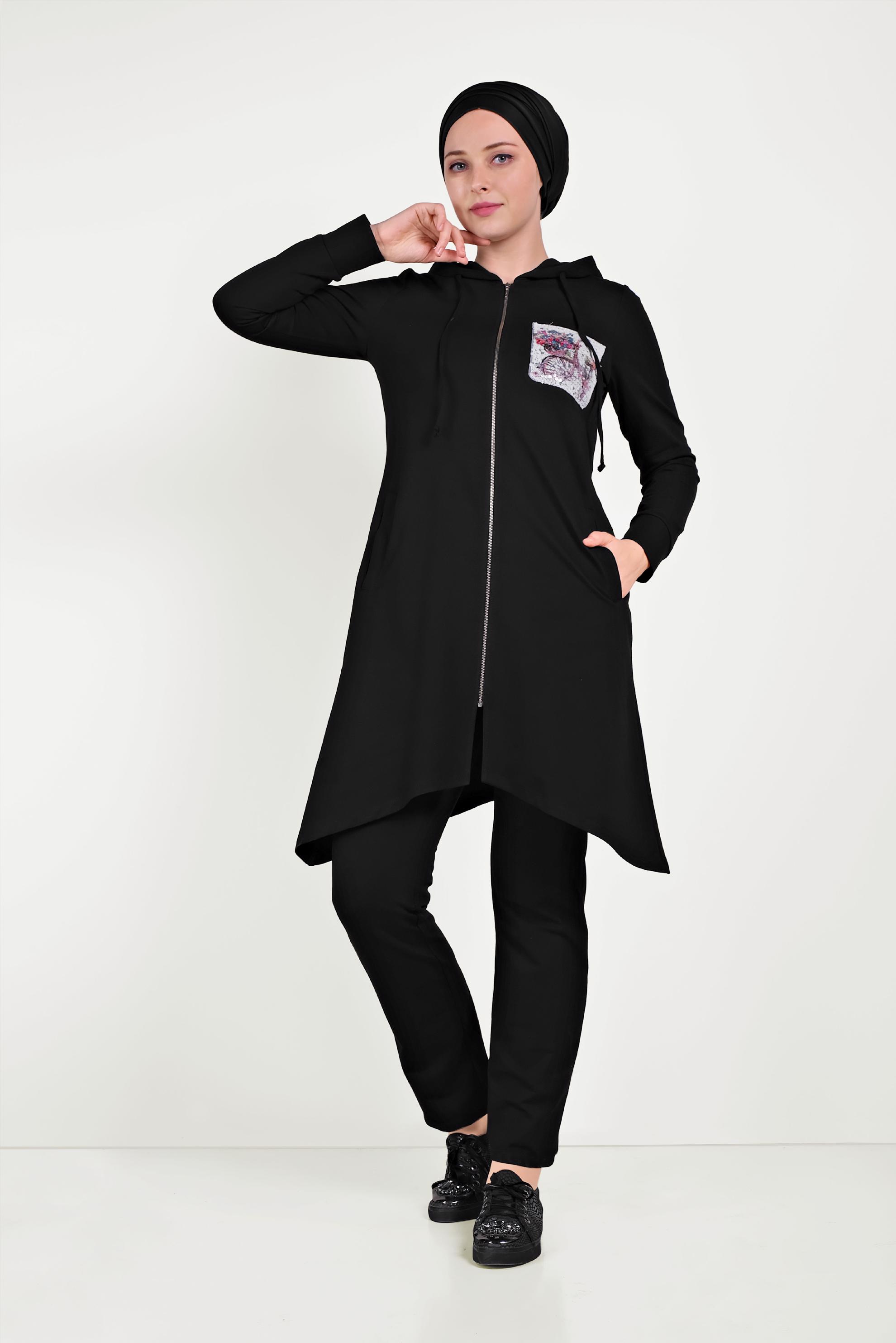 Hijab clothing BLACK SEQUIN DETAIL TRACKSUIT SET 40552 