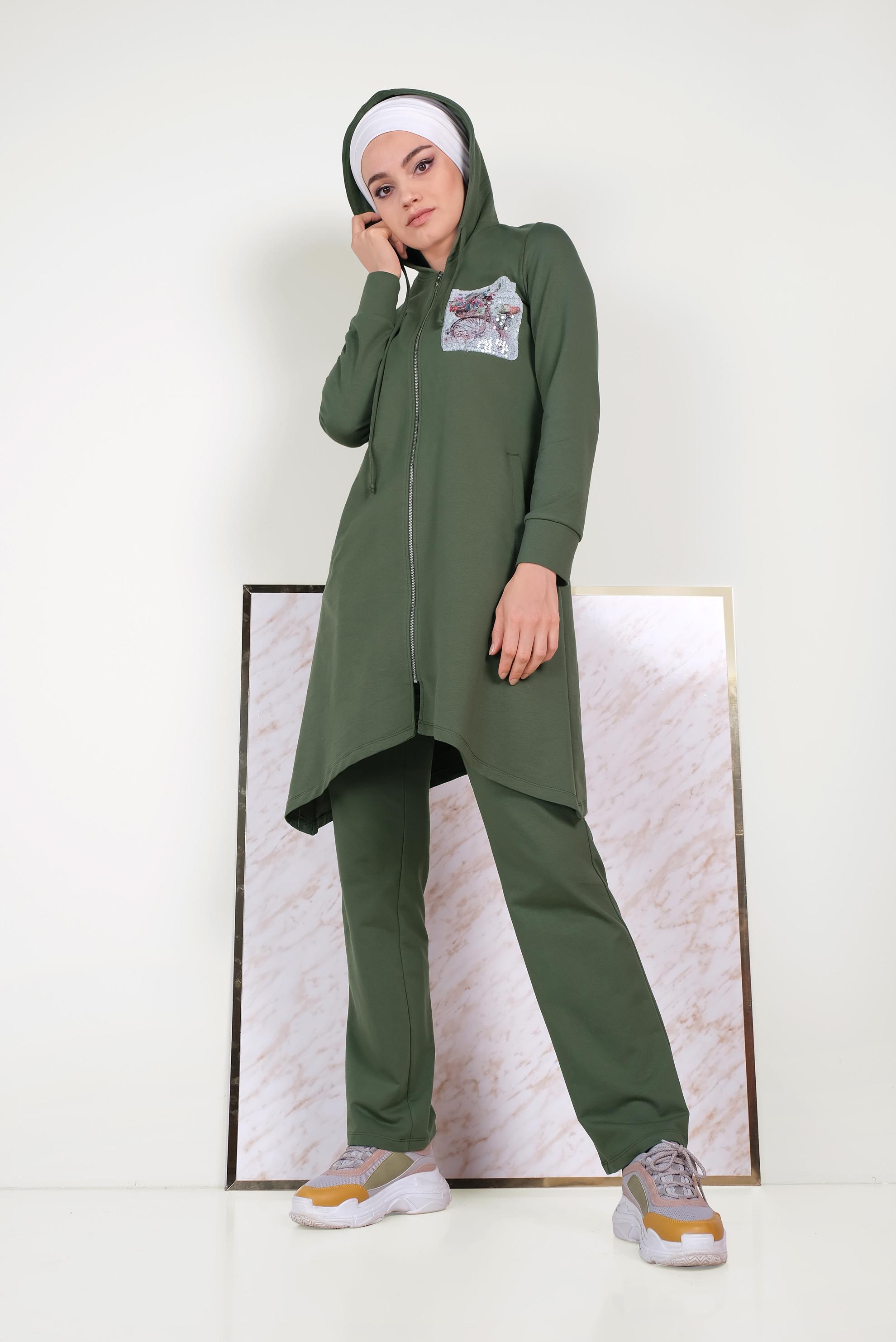 Tesettür giyim HAKİ PUL DETAYLI EŞOFMAN TAKIMI 40552