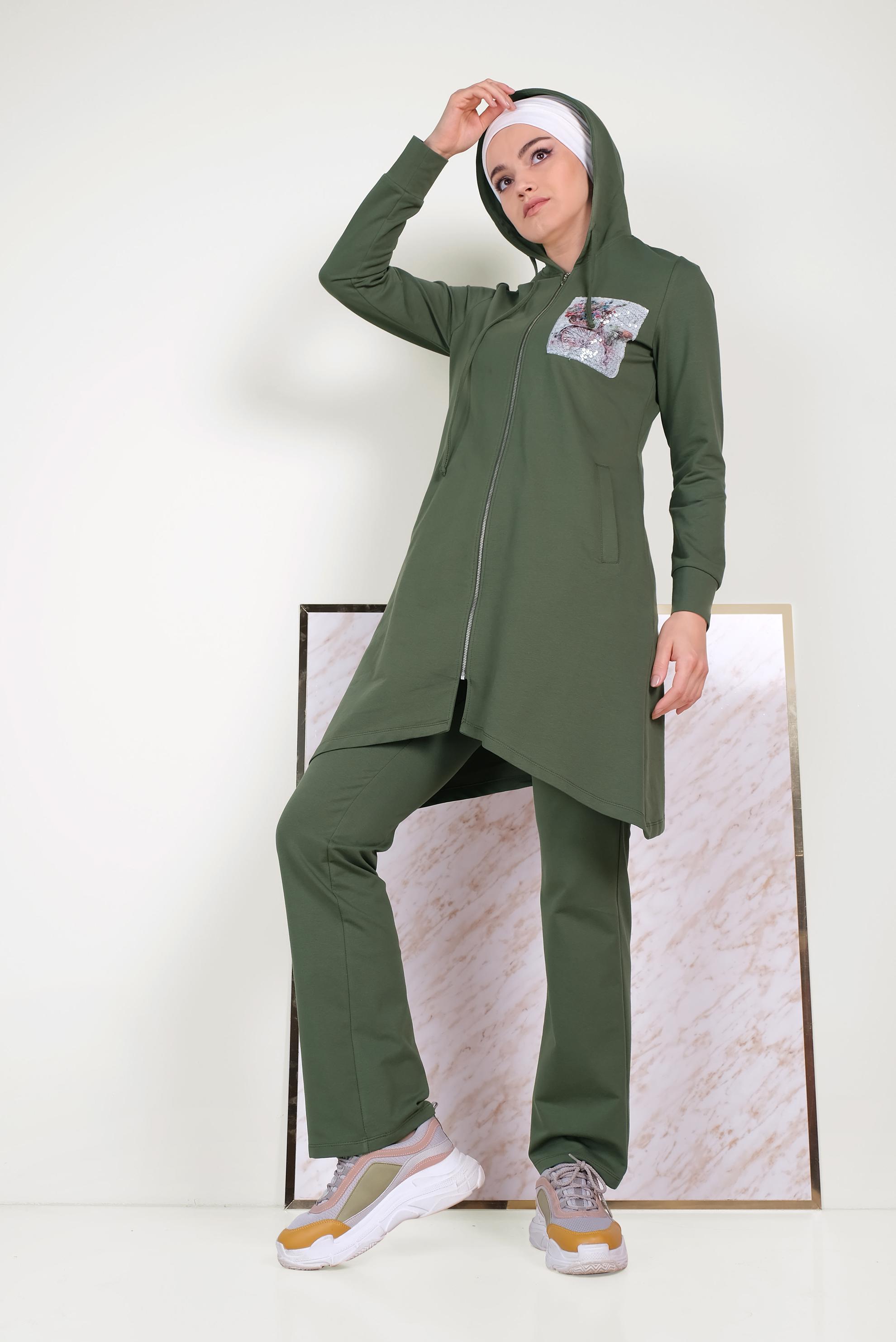 Tesettür giyim HAKİ PUL DETAYLI EŞOFMAN TAKIMI 40552