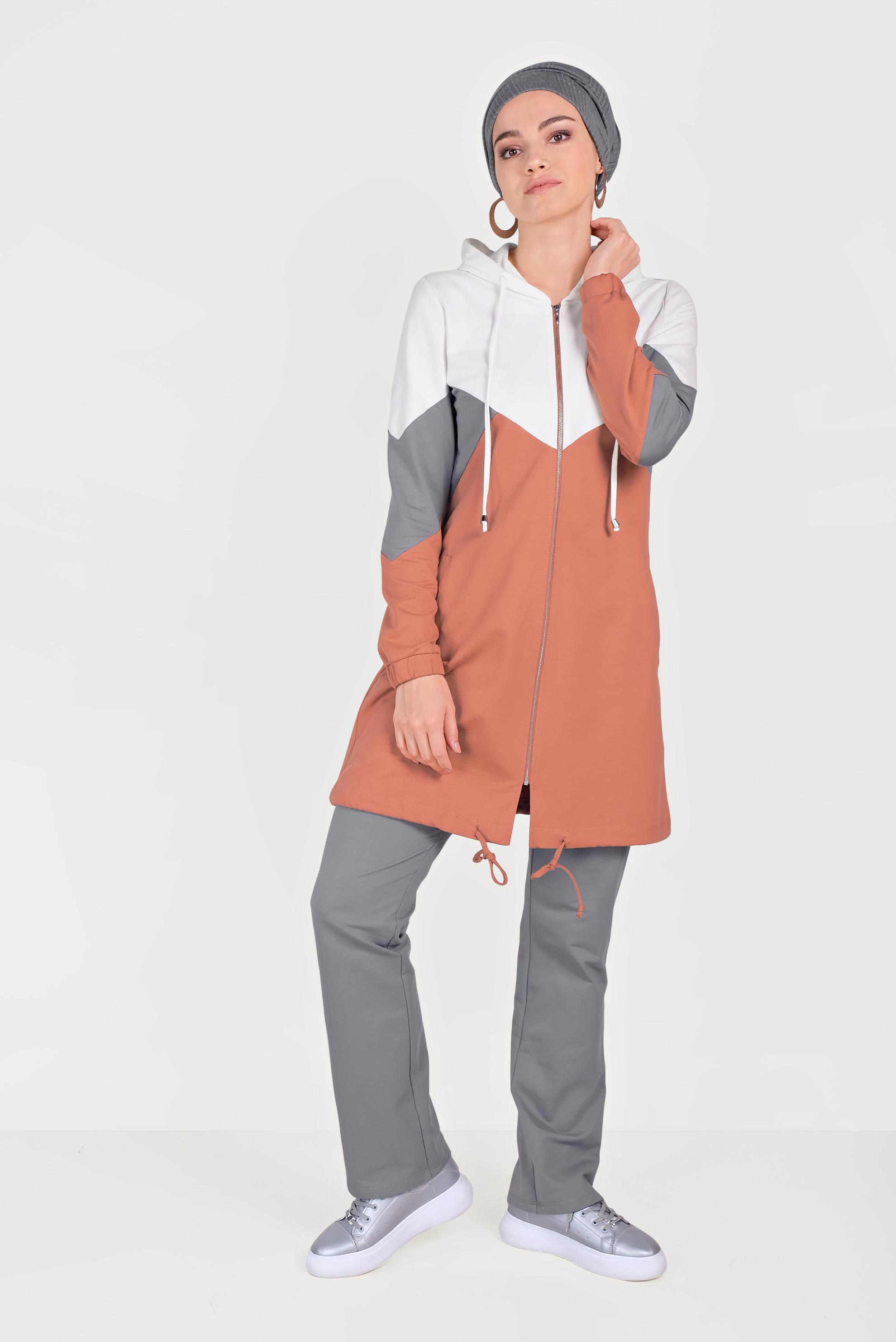 Tesettür giyim TURUNCU 3 RENKLİ PAMUKLU EŞOFMAN TAKIMI 40553