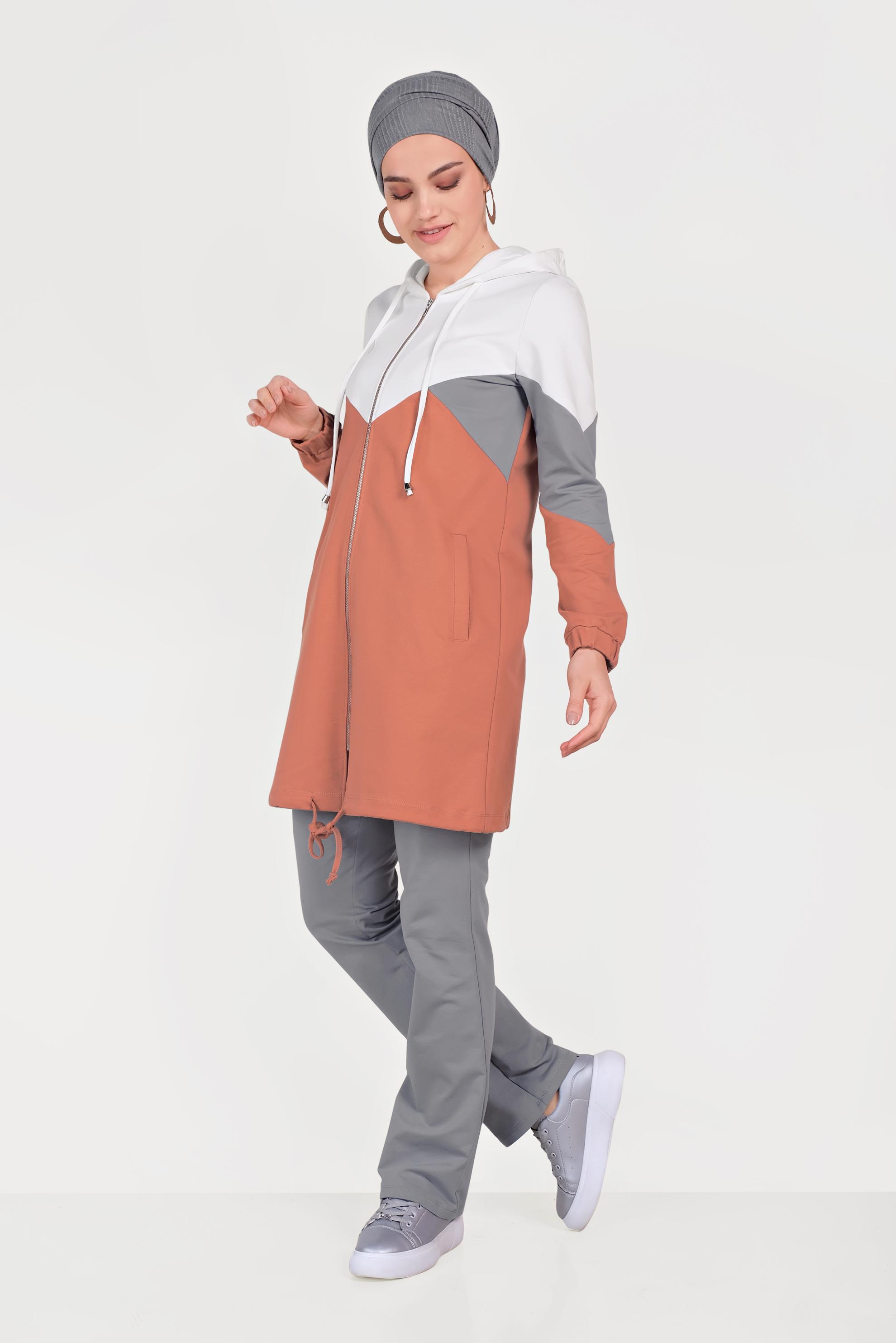 Tesettür giyim TURUNCU 3 RENKLİ PAMUKLU EŞOFMAN TAKIMI 40553